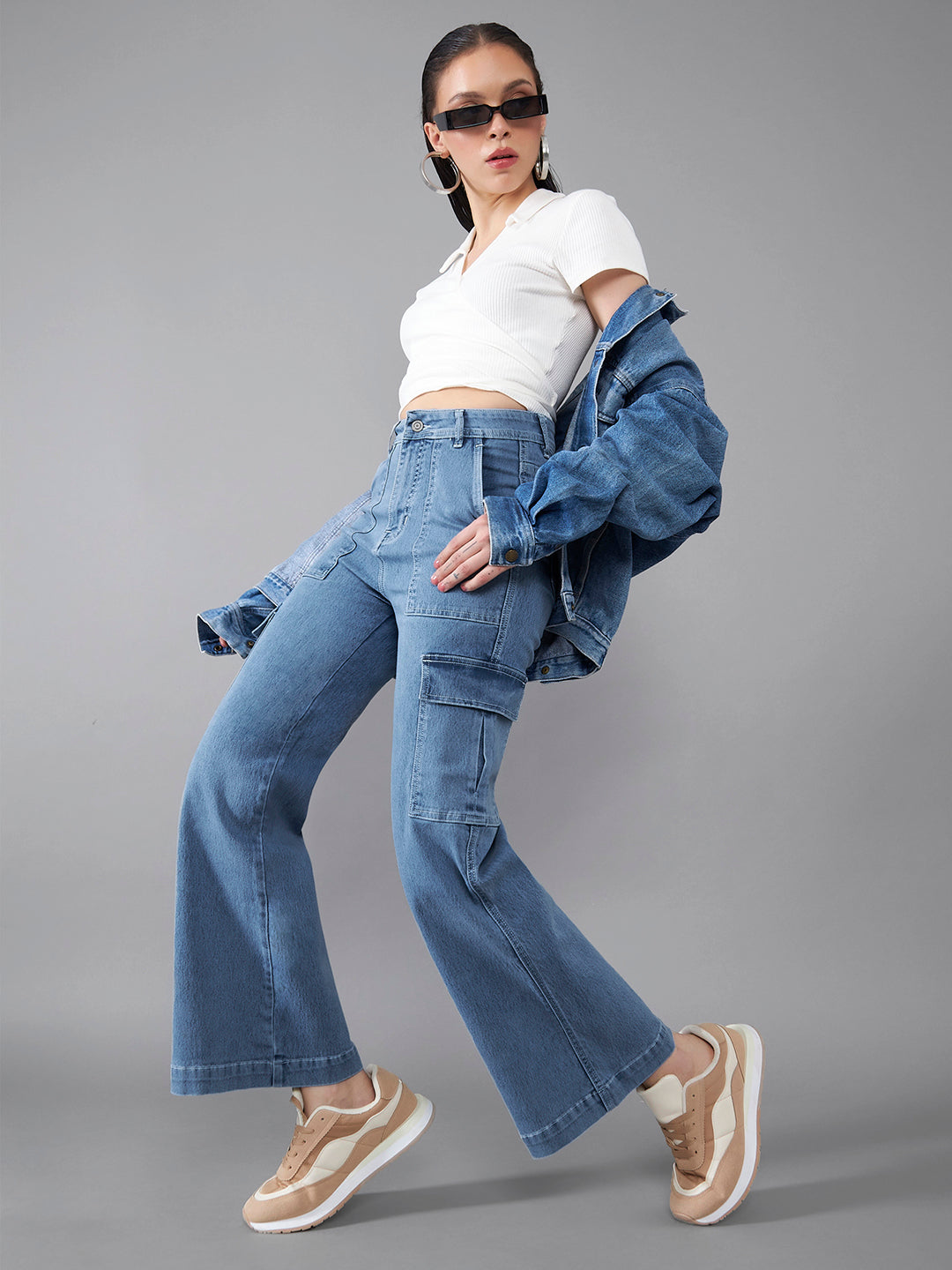 24/7 Comfort Women's Mid Blue Wide Leg High Rise Stretchable Denim Jeans