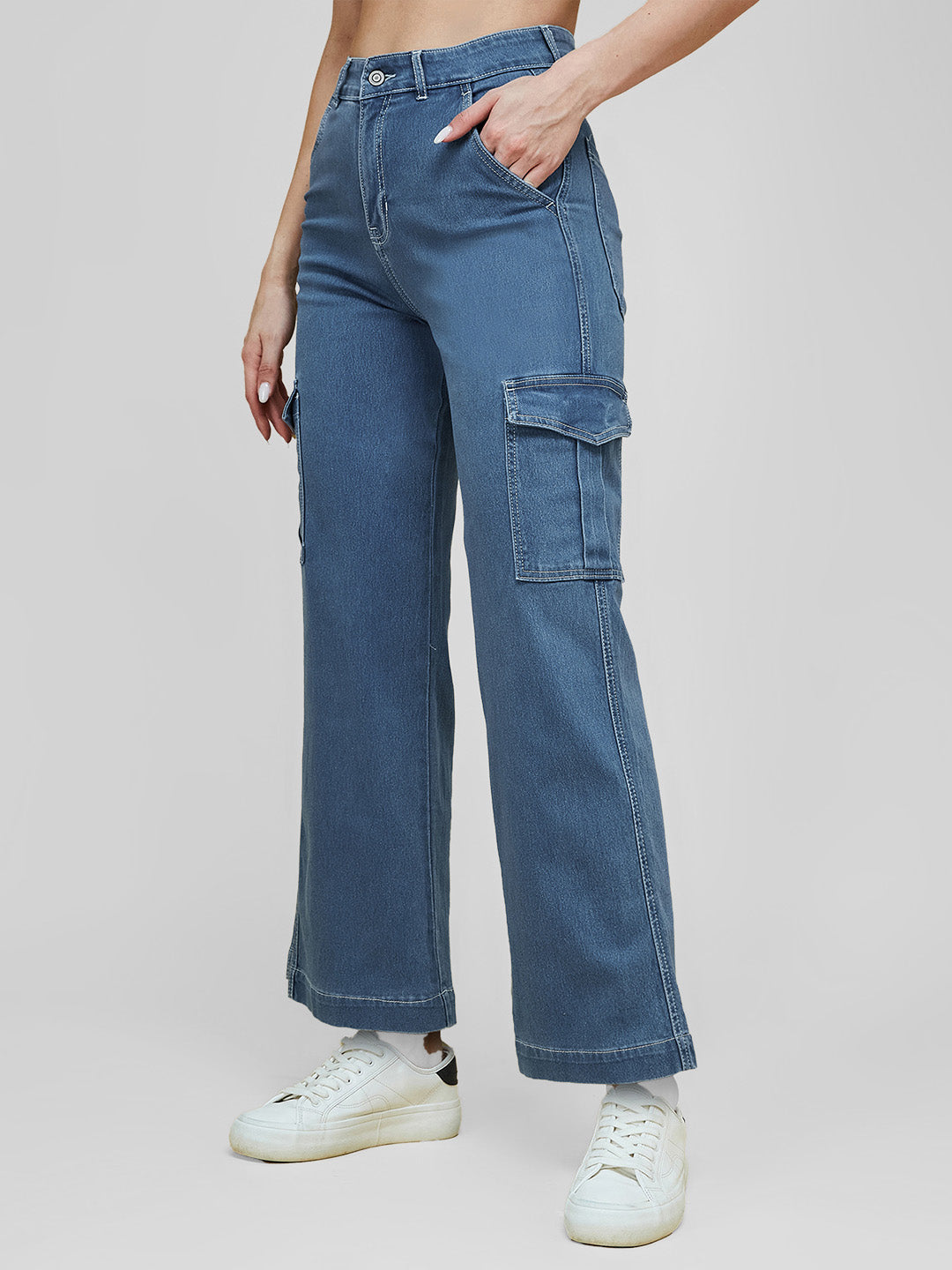 Women's Blue Wide-Leg High-Rise Clean-Look Regular Stretchable Denim Jeans