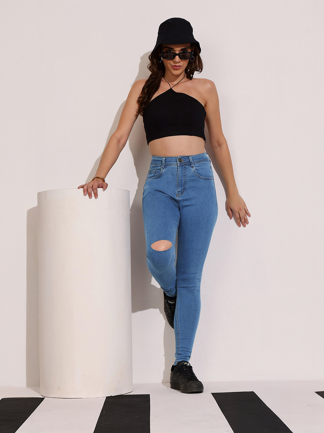 Women's Blue Skinny High-Rise Distressed Regular Denim Jeans