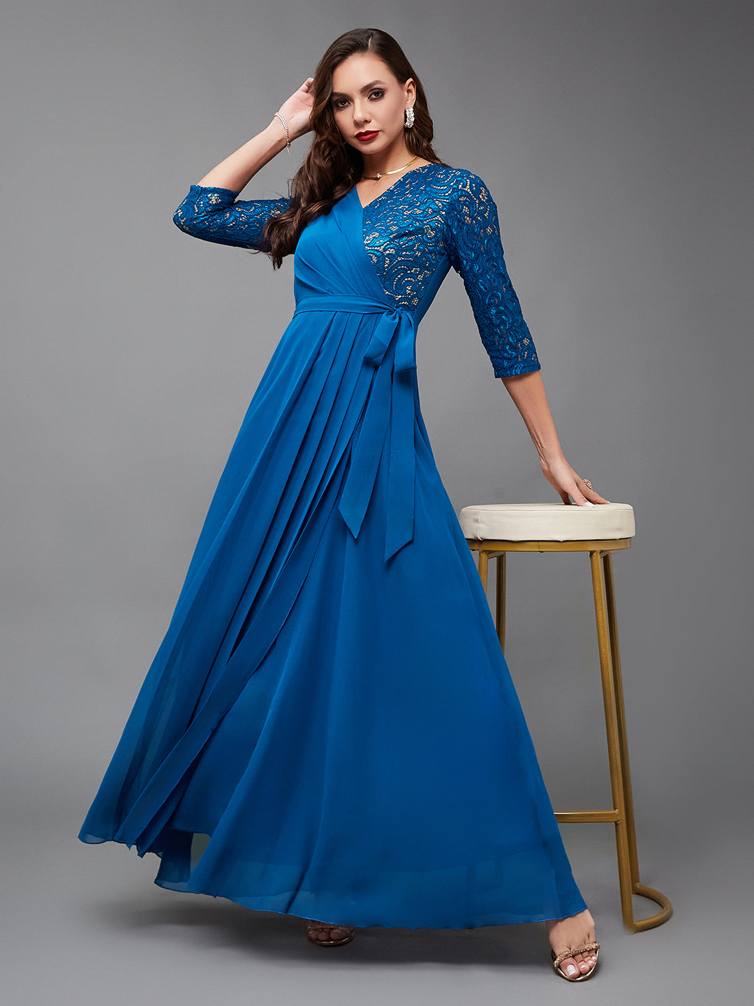 Women's Royal Blue V-Neck 3/4 Sleeve Self-Designed Wrap-Styled Georgette Maxi Dress