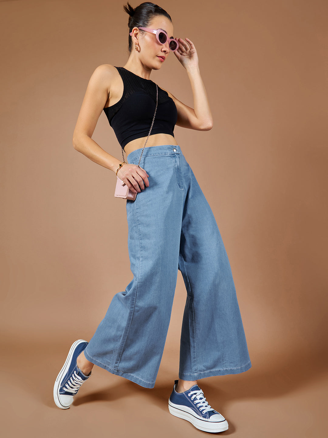 Women's Blue Flared Wide-Leg High Rise Non Stretchable Denim Pants