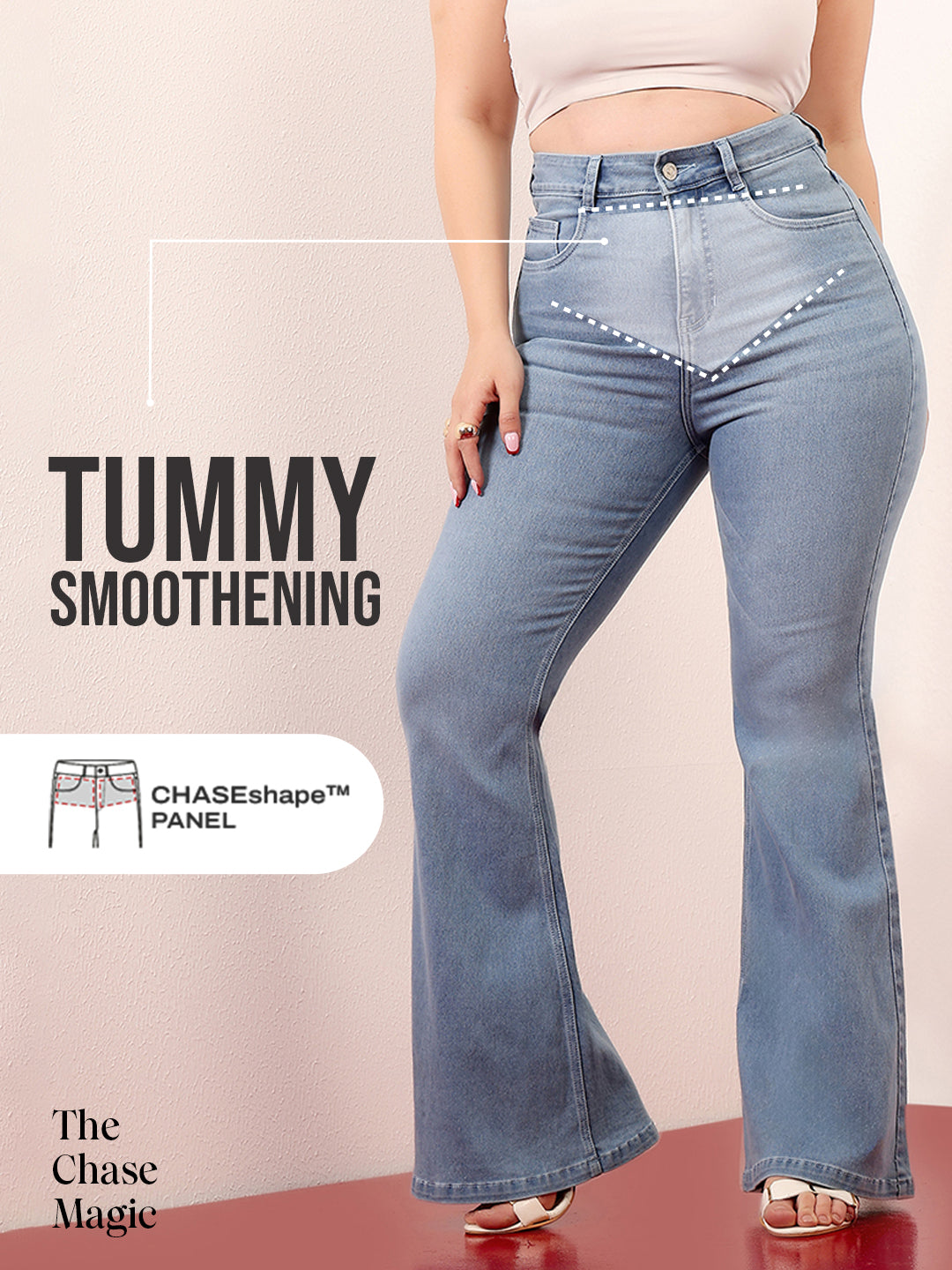 Tummy Smoothening Light-Shaping Bootcut High-Rise Light-Blue Denim Jeans