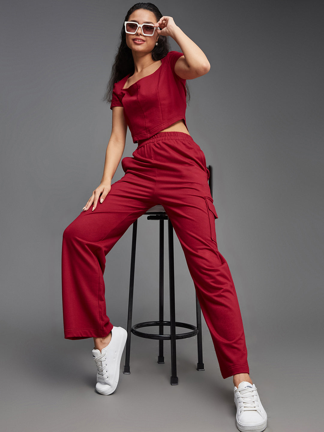 Women'S Maroon Wide-Neck Short Sleeve Solid Regular-Length Flap Pocketed Cotton Panelled Co-Ord Set