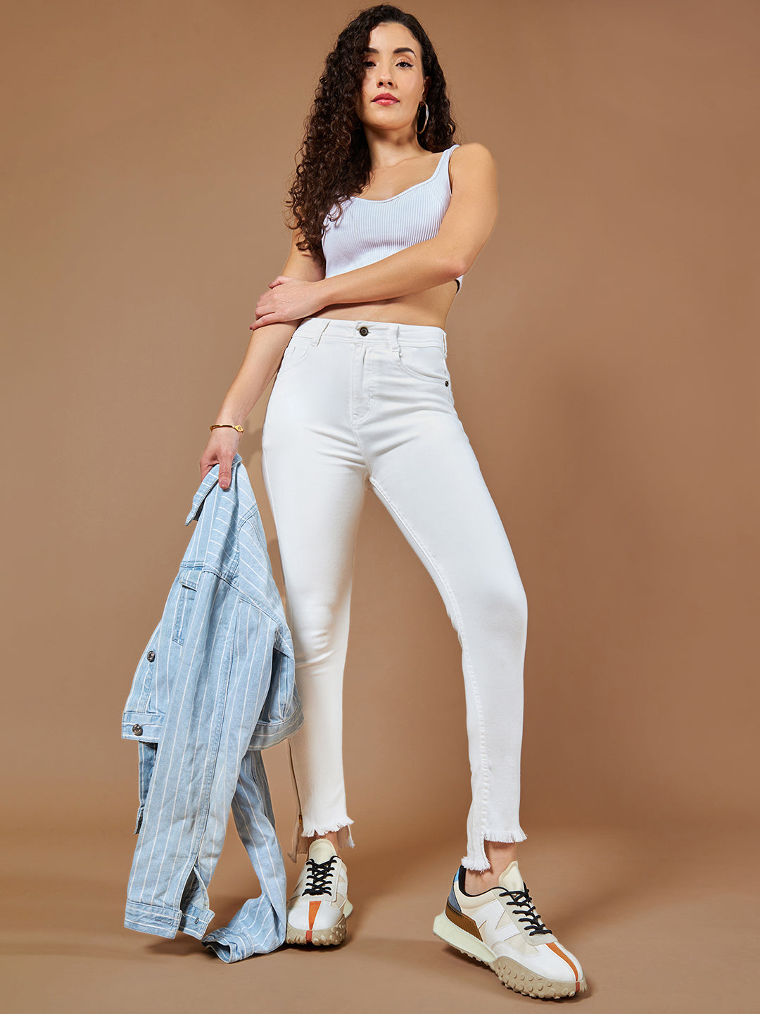 CHASEstretch™ Women's White Skinny Fit High Rise Side Slit Raw Edge Detailing Cropped Denim Jeans