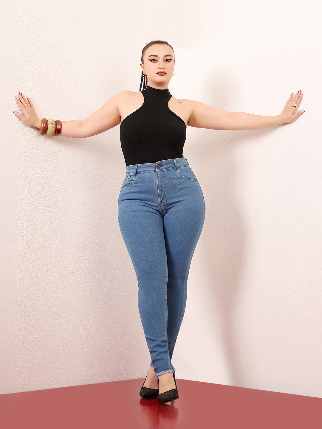 Women's Blue Skinny High-Rise Cropped-Length Fringe Detailing Stretchable Denim Jeans