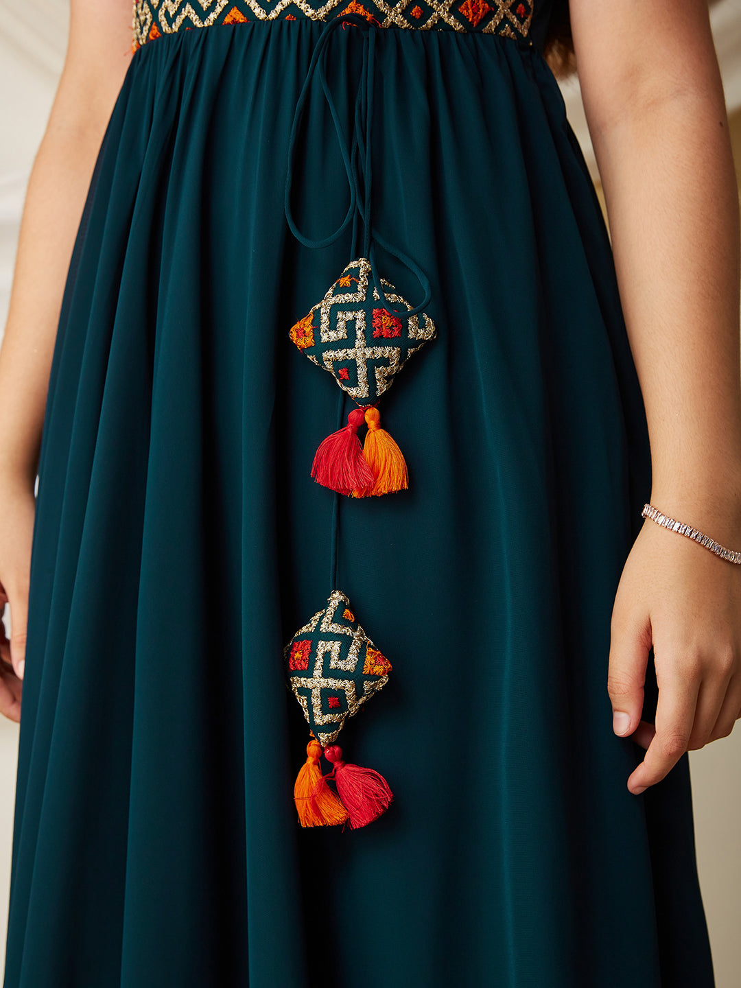 Multicolored-Base-Teal Round-Neck Sleeveless Embroidered Flared Polyester Maxi Dress