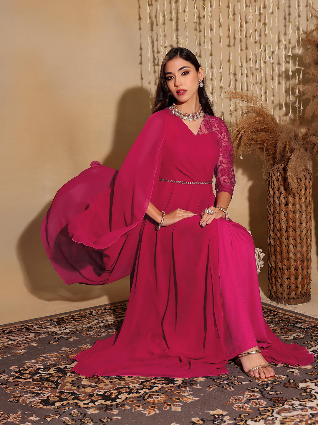 Women's Dark Pink V-Neck Asymmetric Self-Designed Georgette Maxi Dress