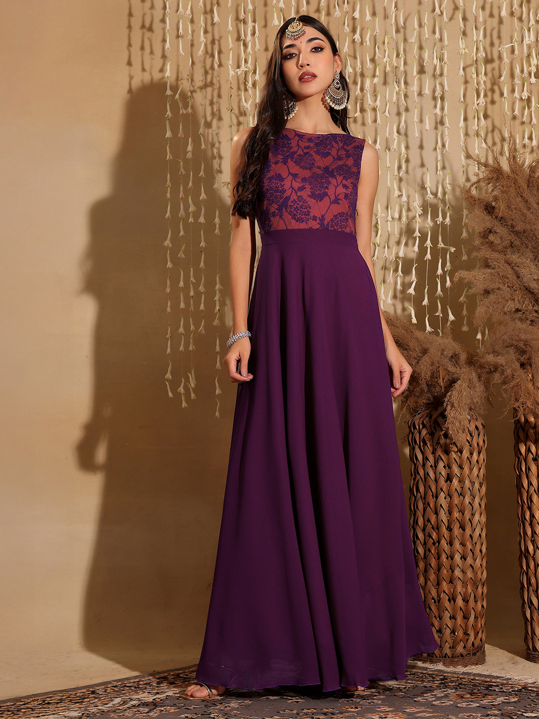 Women's Dark Purple Round Neck Sleeveless Georgette & Lace Floral Fit & Flare Maxi Dress