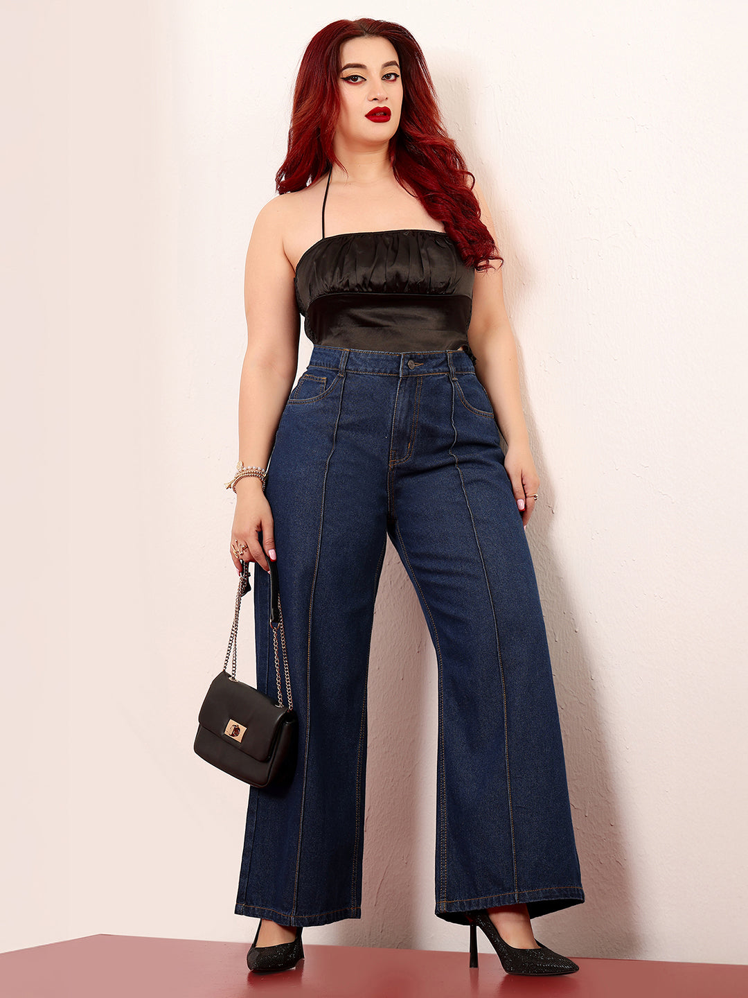 Women's Navy Blue Wide-Leg High-Rise Clean-Look Regular-Length Non-stretchable Denim Jeans