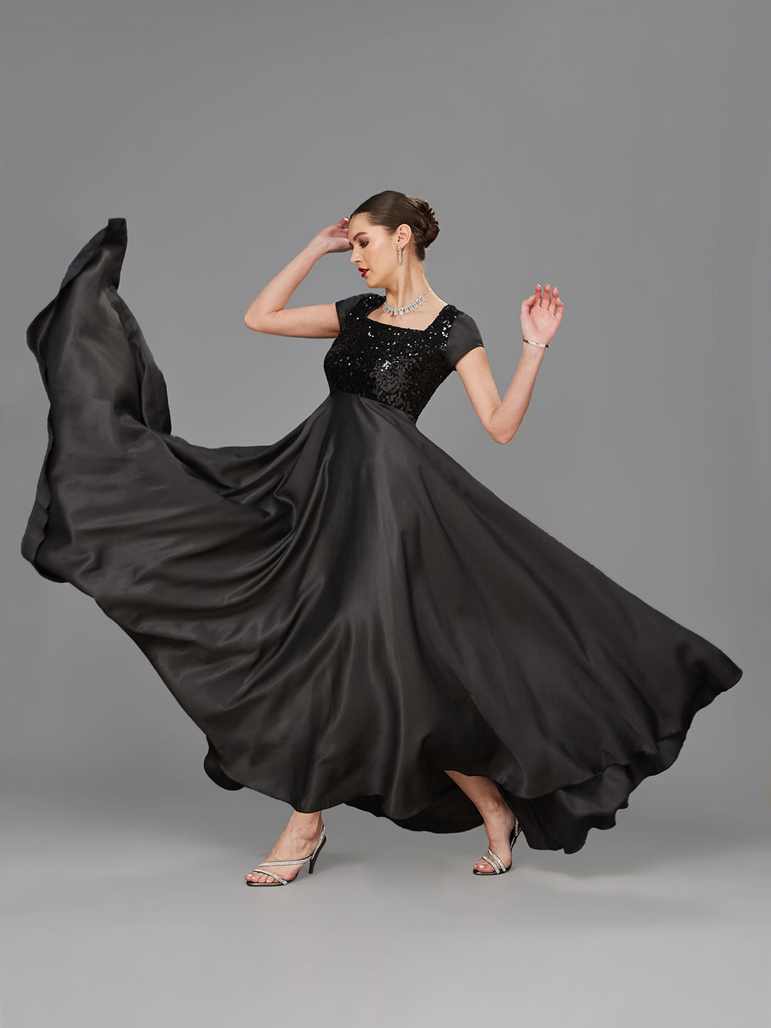 Women's Black Square Neck Short Sleeve Embellished Polyester Fit & Flare Maxi Dress