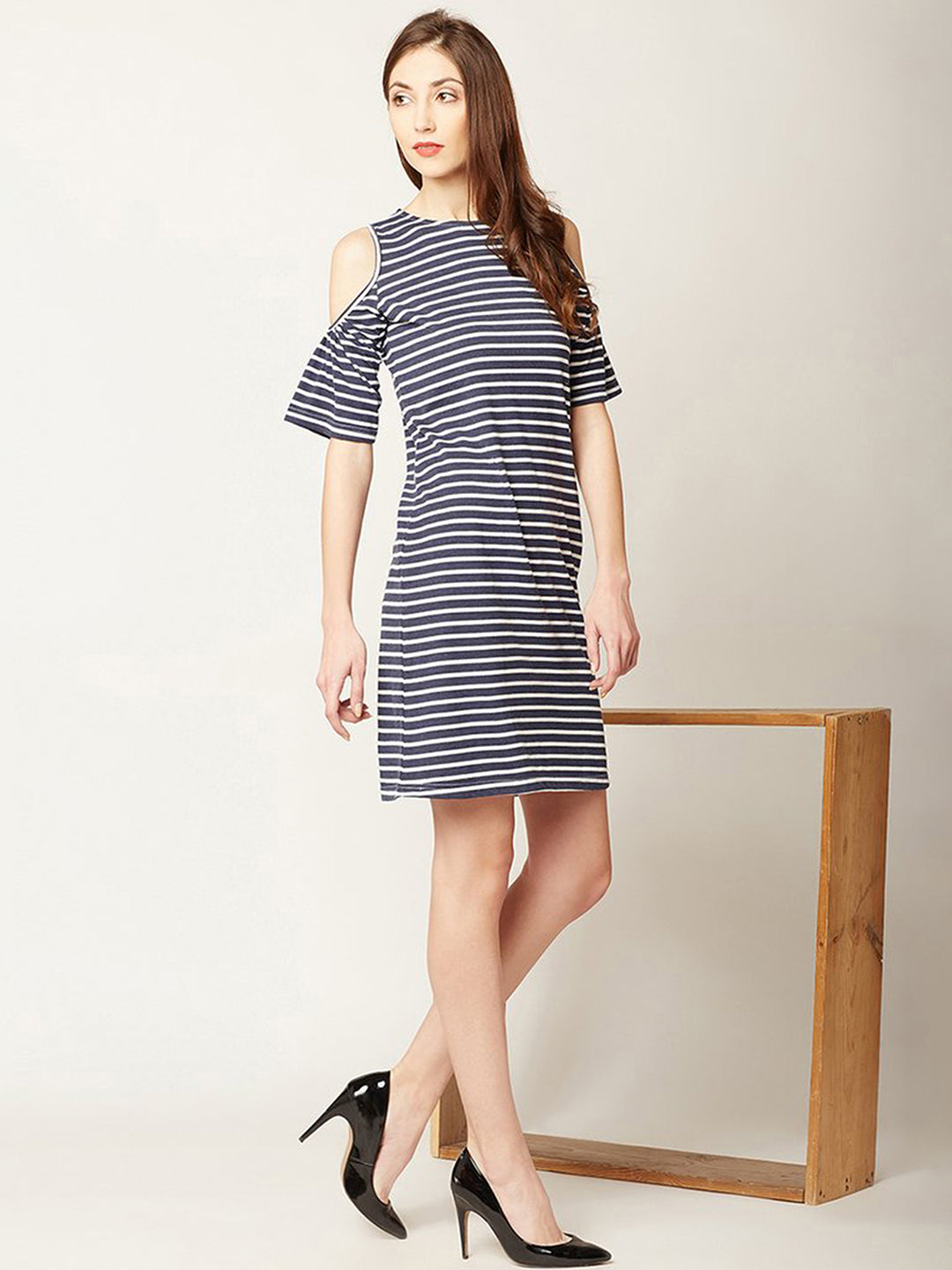 Women's Navy Blue and White Round Neck Half Sleeve Striped Mini Cold Shoulder Dress