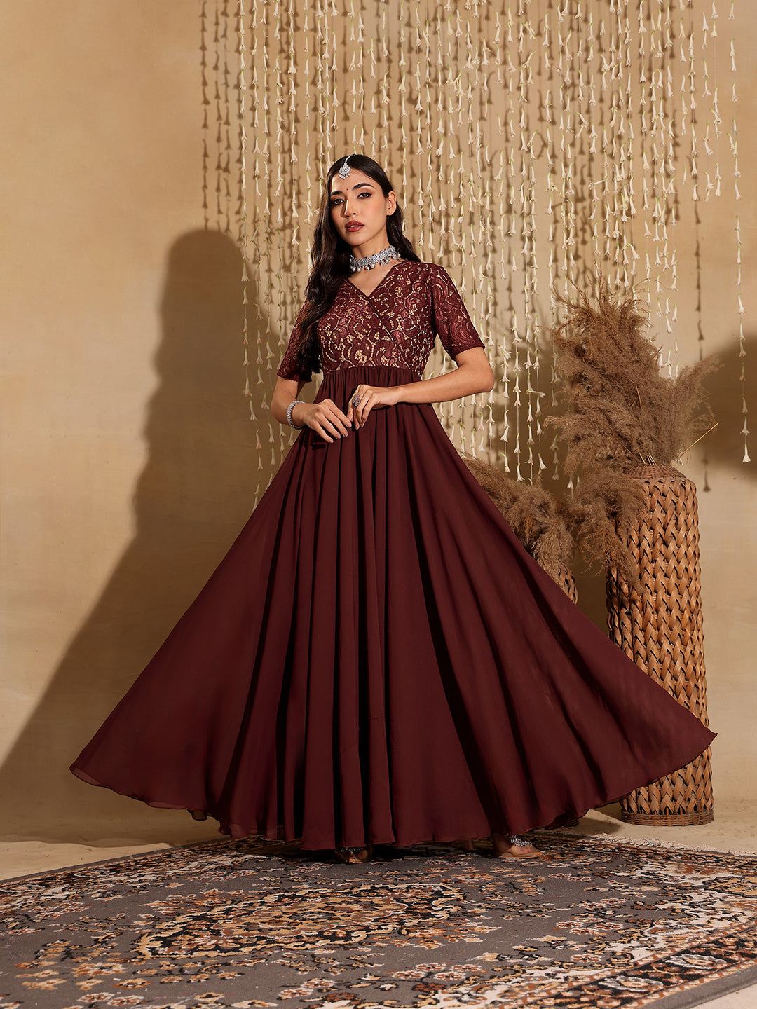 Women's Wine V-Neck Half Sleeve Self Designed Wrap Georgette Maxi Dress