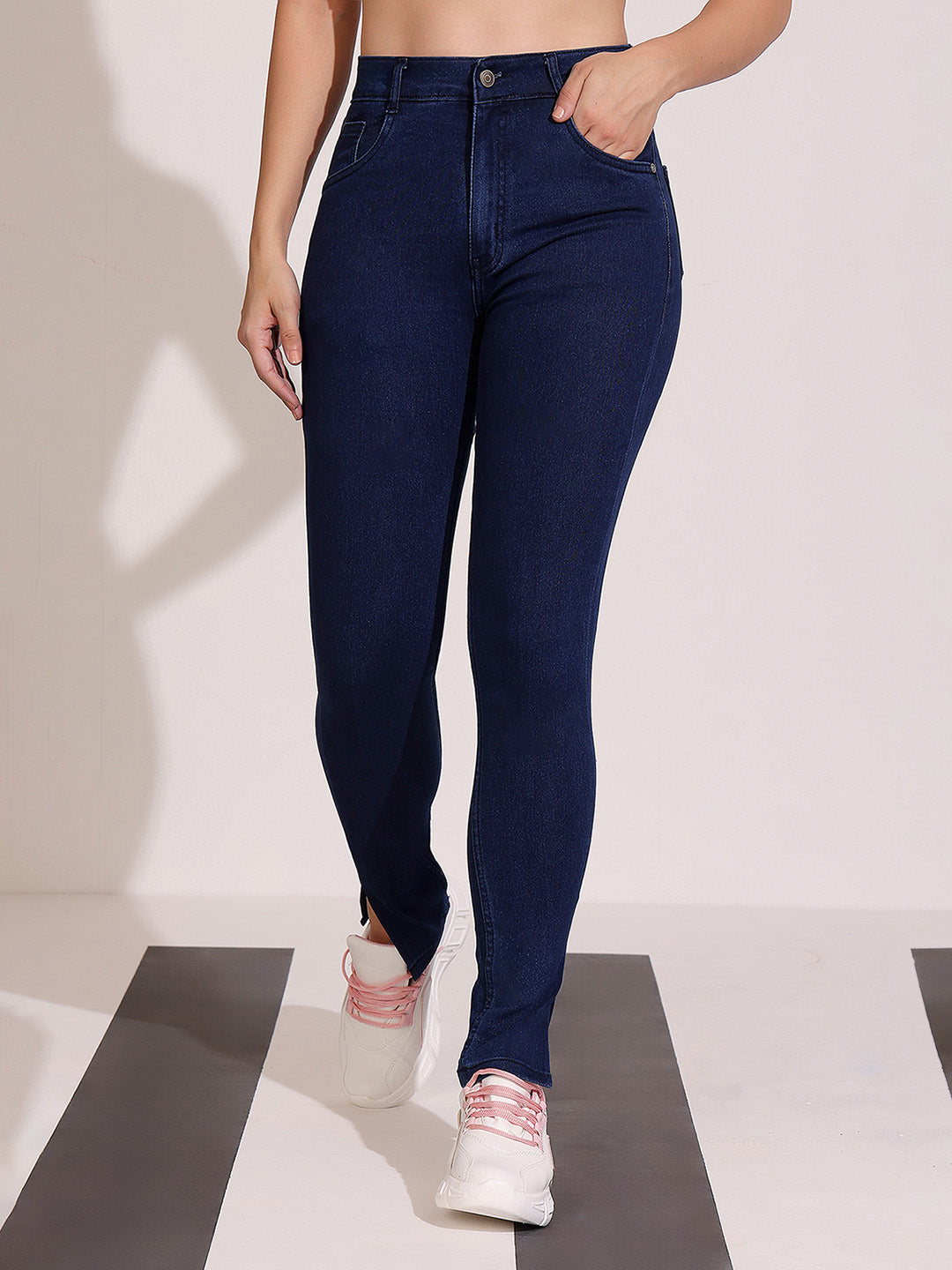 Women's Navy Blue Skinny Fit Mid Rise Cropped Length Side Slit Denim Stretchable Jeans