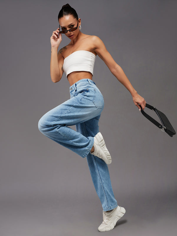 Women's Light Blue Wide-Leg Fit High Rise Clean Look Regular Length Stretchable Denim Jeans