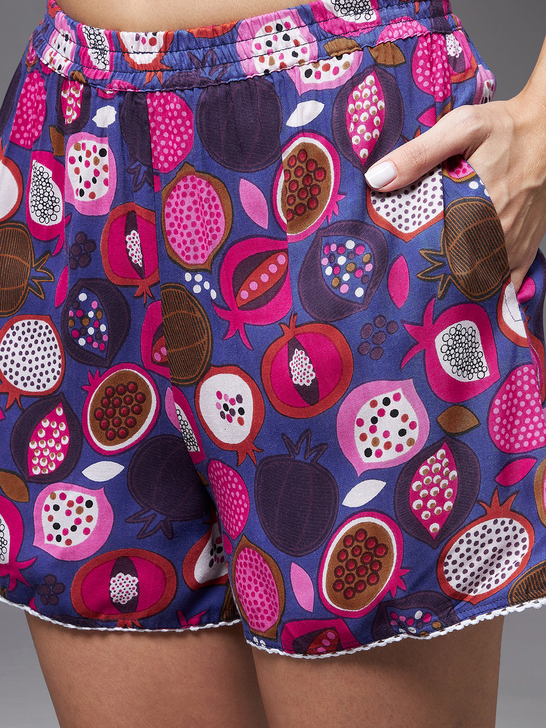 Women's Purple Round Neck Sleeveless Printed Tie-Up Short Top & Shorts Sets