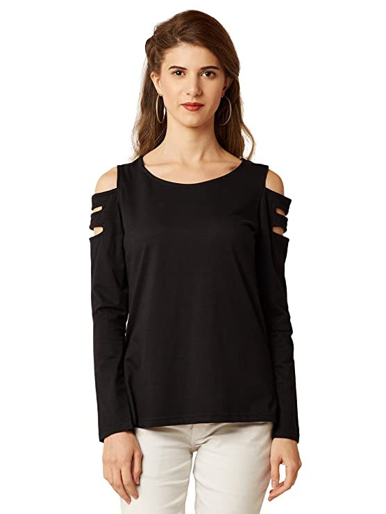 Women's Black Cotton Round Neck Full Sleeve Solid Cut-Out Top