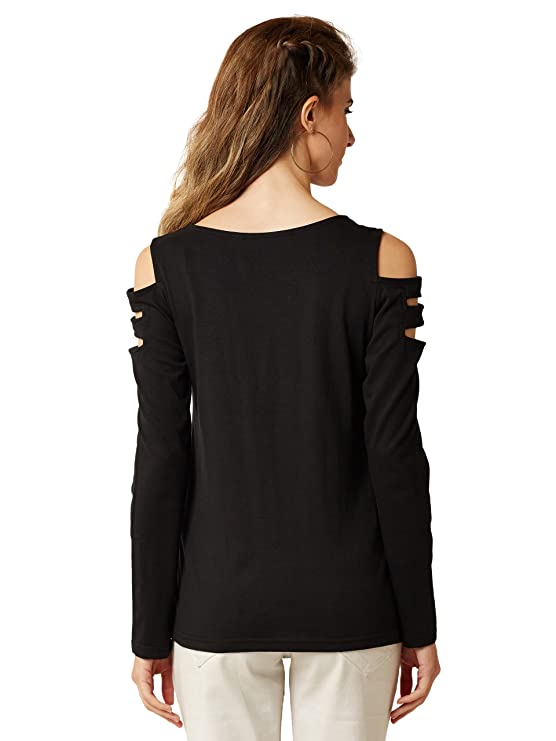 Women's Black Cotton Round Neck Full Sleeve Solid Cut-Out Top