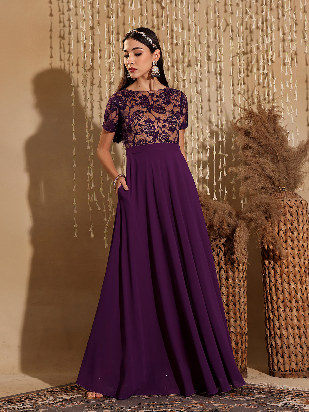 Women's Dark Purple Round Neck Half Sleeve Self Design Fit & Flare Georgette Maxi Dress