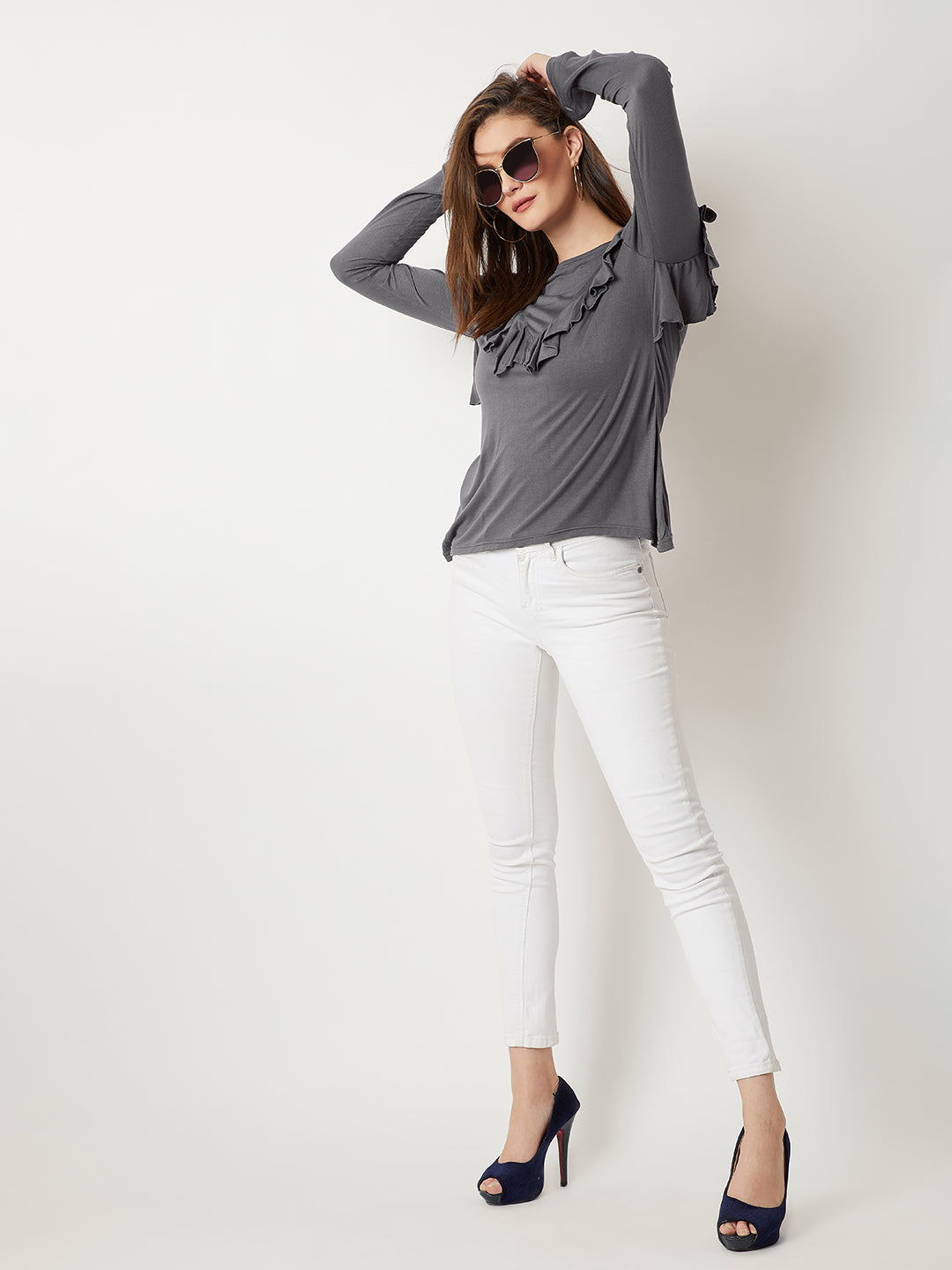 Women's Grey Round Neck Full Sleeves Solid Ruffled Top