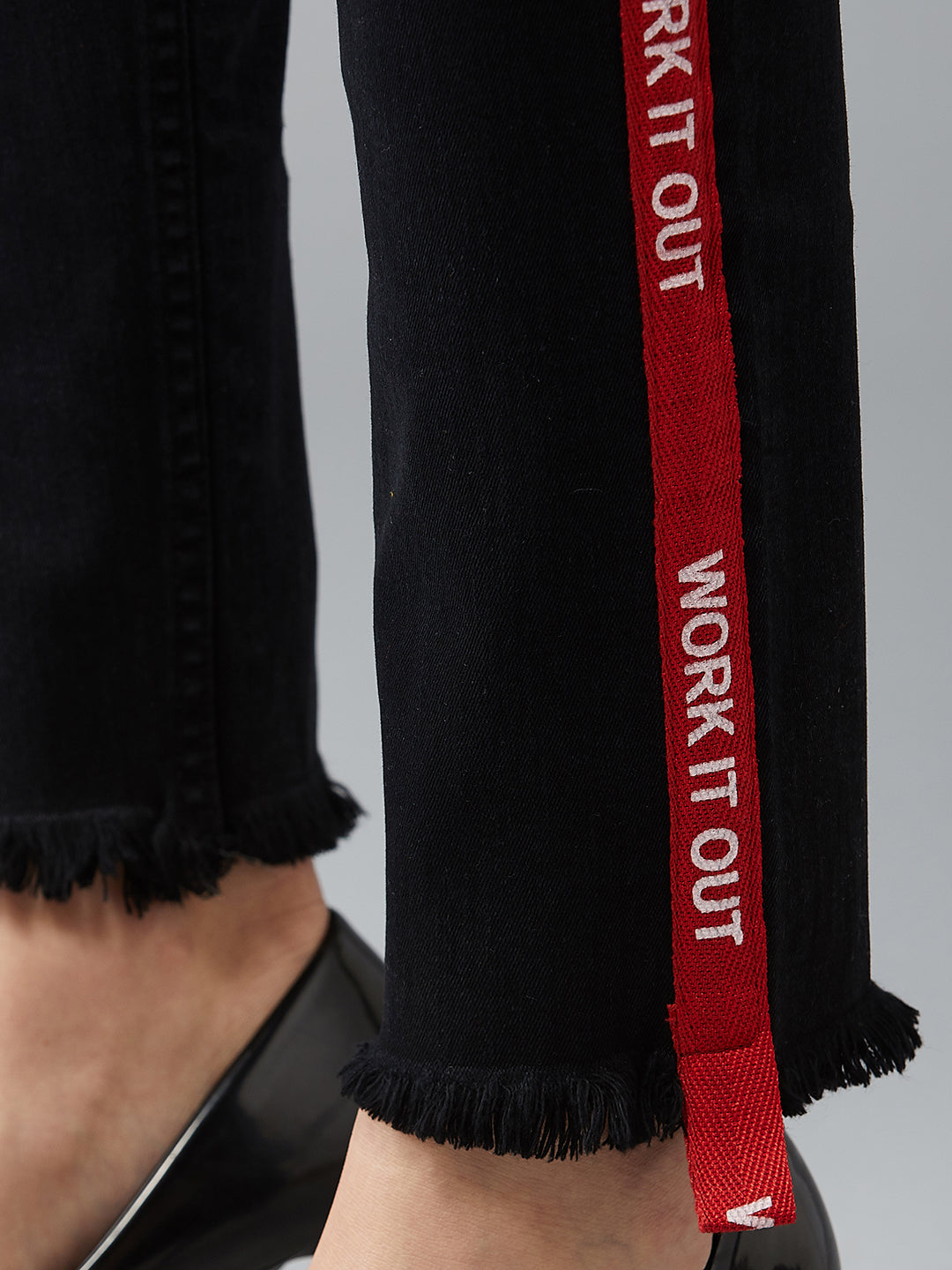 Black Slim-Fit High-Rise Mildly Distress Printed Twill Tape Detailing Stretchable Denim Jeans for Women — Dolce Crudo