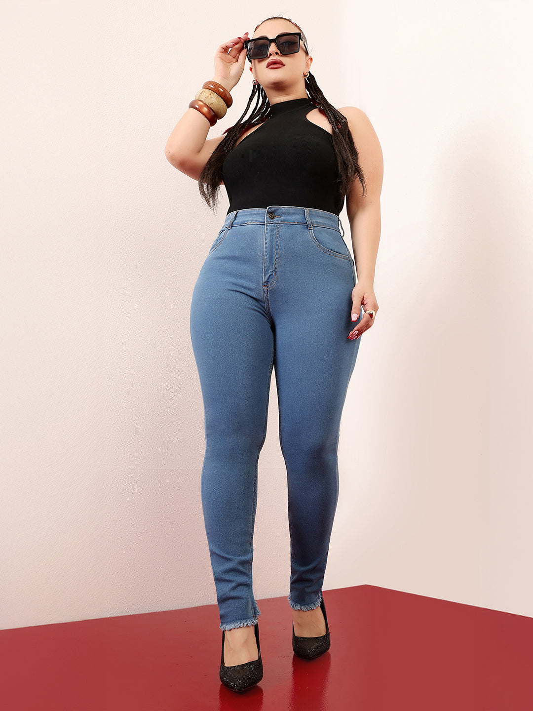 Women's Blue Skinny High-Rise Cropped-Length Fringe Detailing Stretchable Denim Jeans
