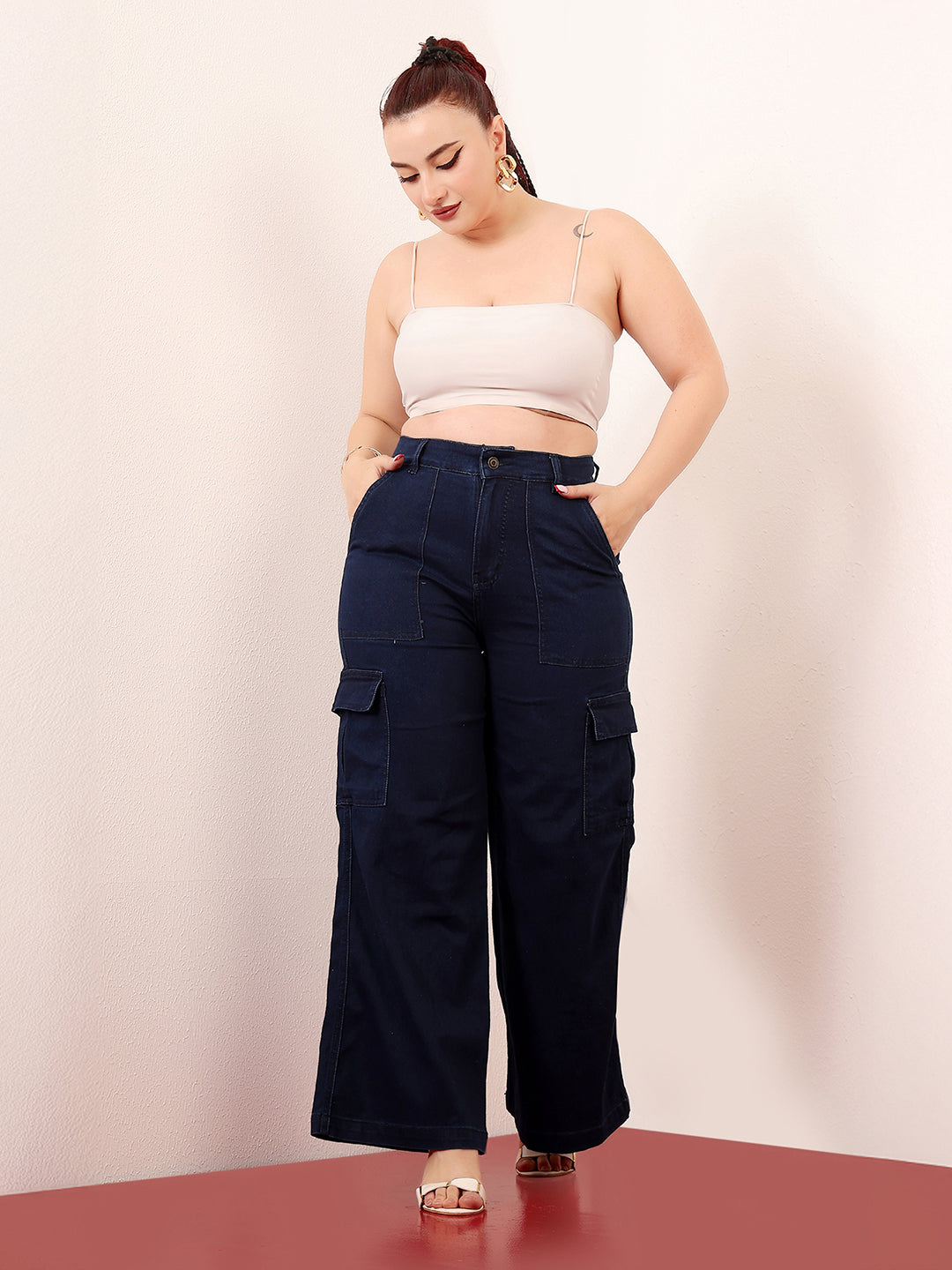 Women's Navy Blue Wide-Leg High-Rise Clean-Look Stretchable Denim Cargo Jeans