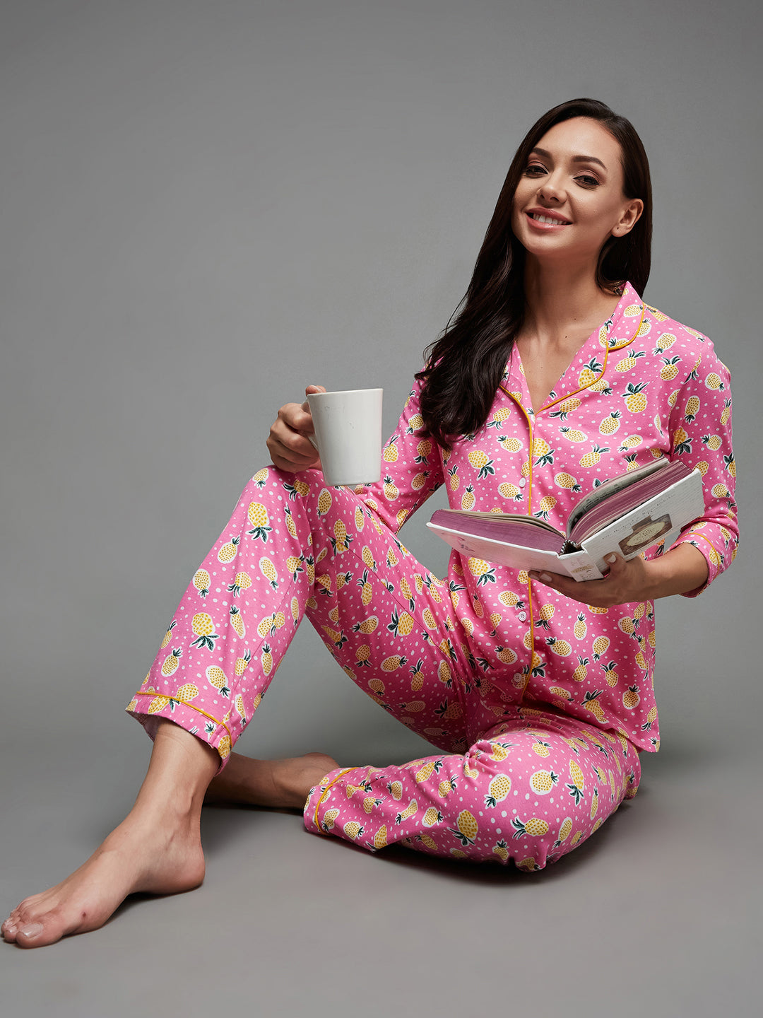 Women's Pink Printed Cotton Relaxed Fit Collared 3/4th Sleeve Regular Length Night Suit Set