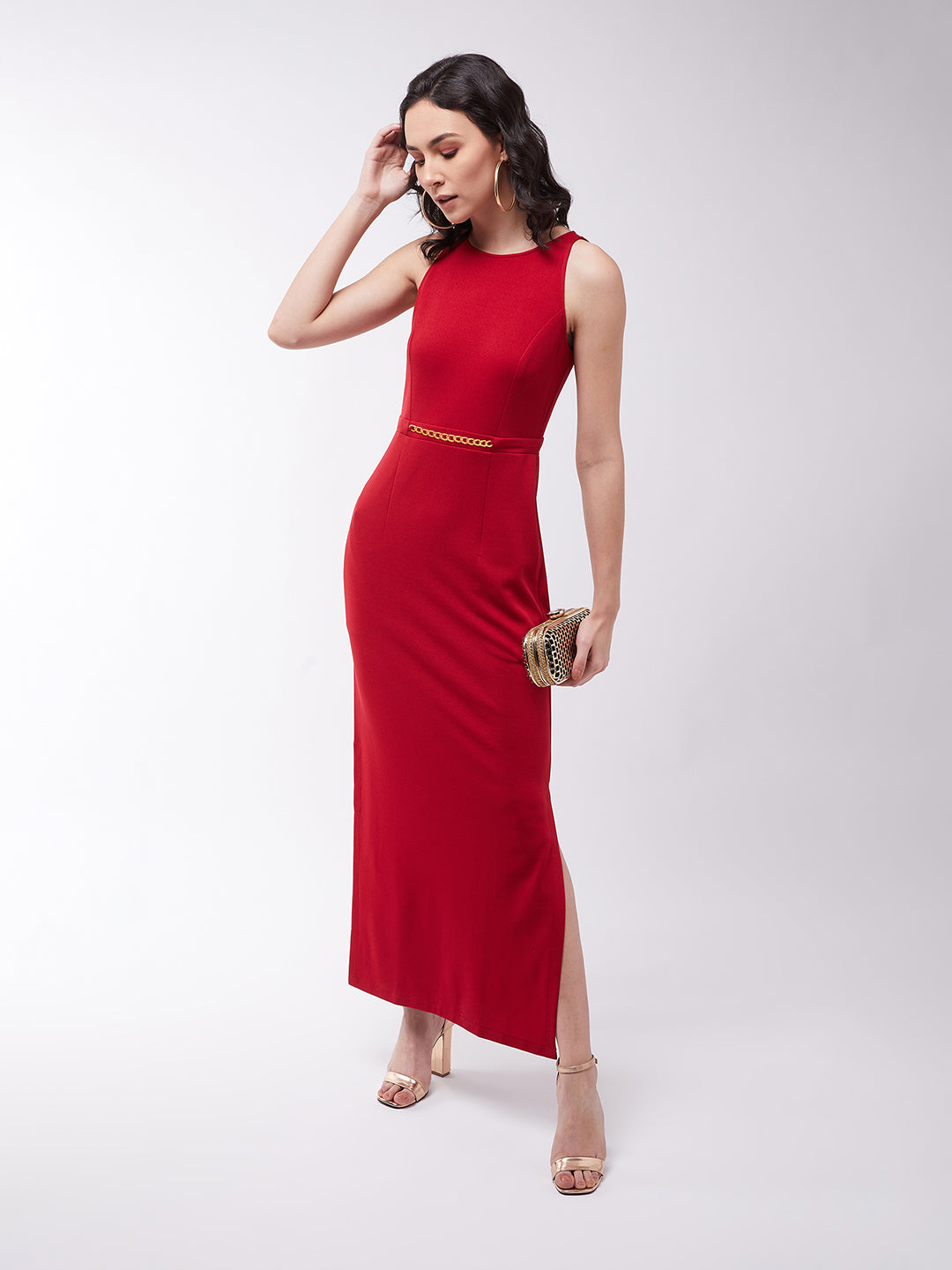 Crease Ease Cocktail Red Solid Slim Fit Round Neck Sleeveless Maxi Dress