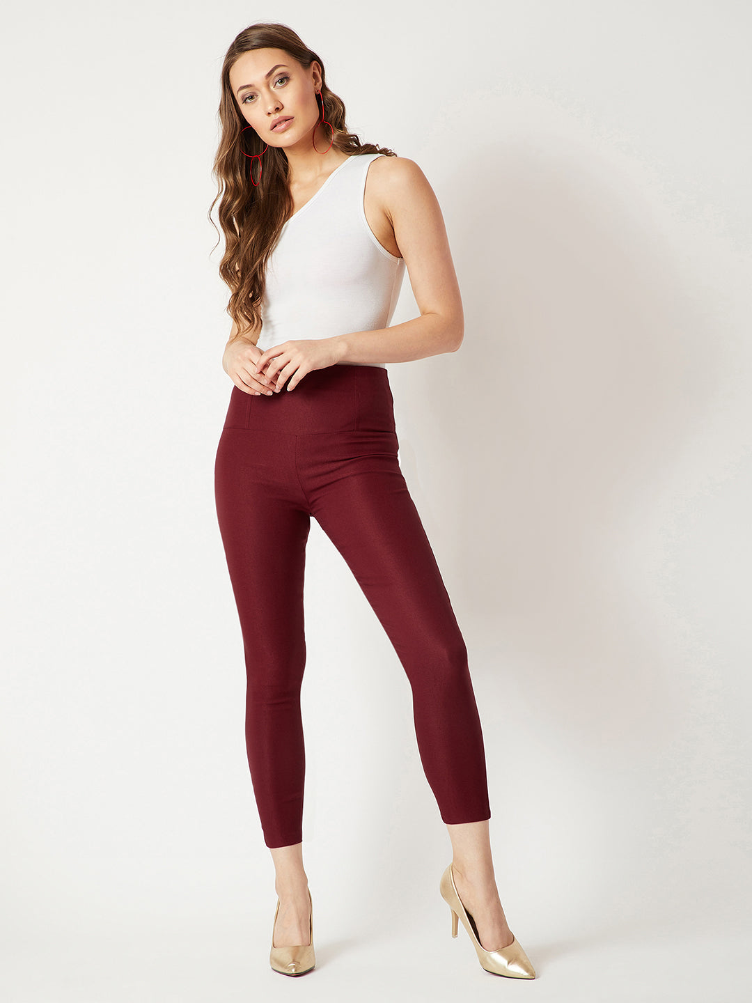 Women's Maroon Solid Skinny High Waist Regular Length Slim Fit Jeggings