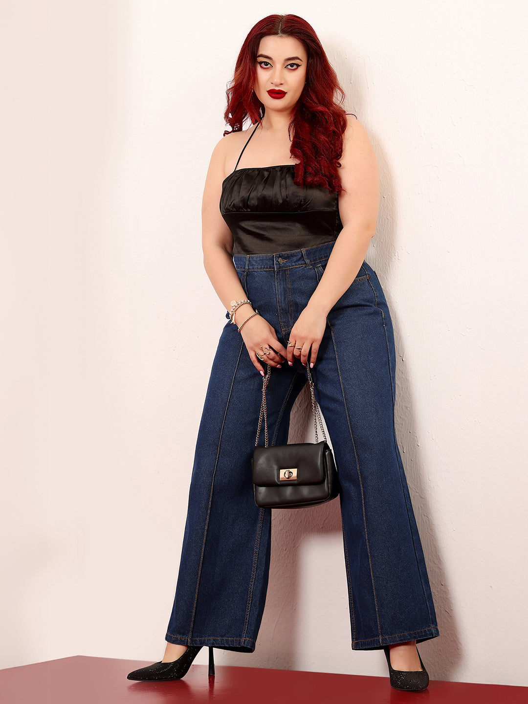 Women's Navy Blue Wide-Leg High-Rise Clean-Look Regular-Length Non-stretchable Denim Jeans