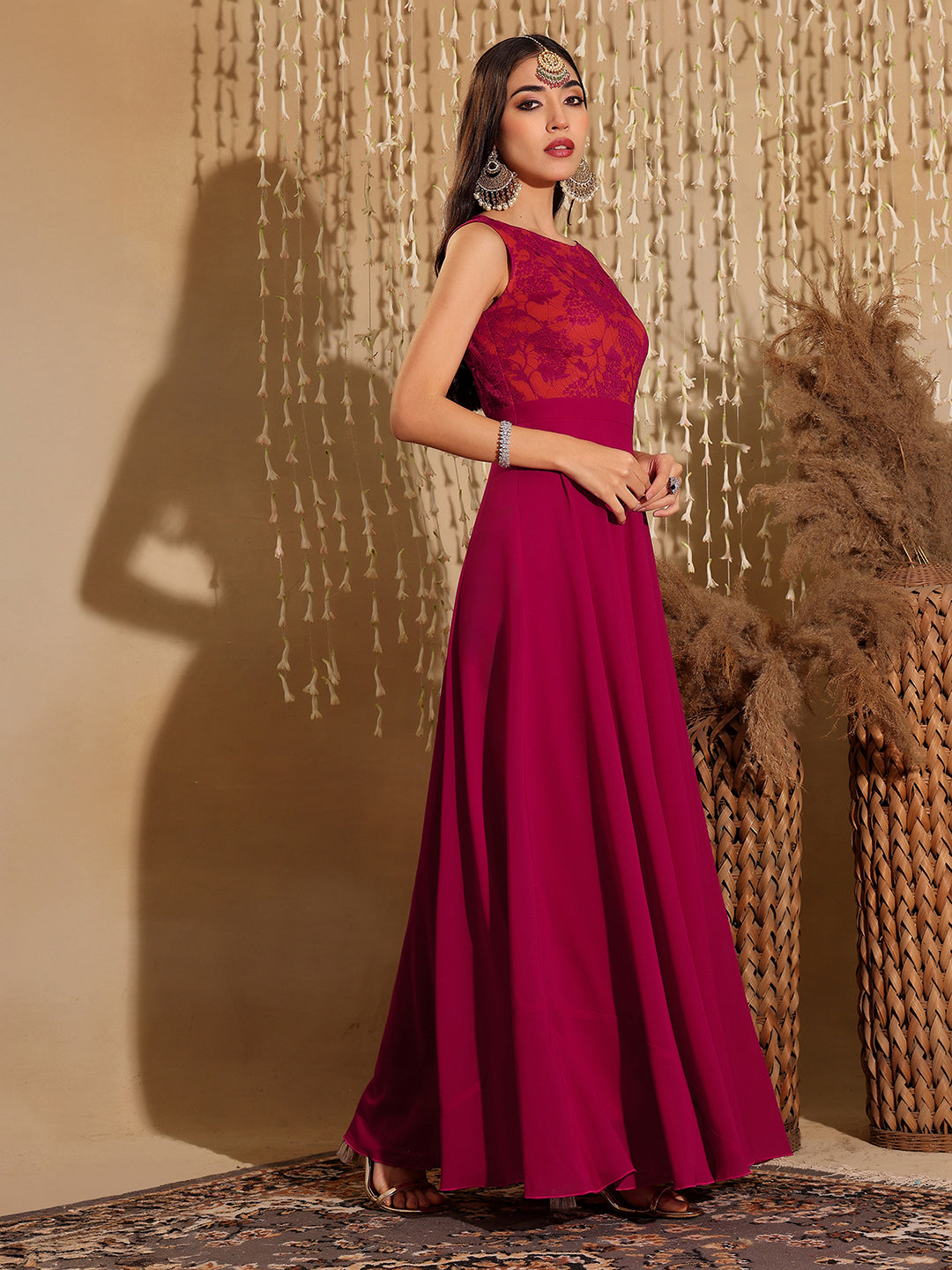 Women's Dark Pink & Rust Boat Neck Sleeveless Self Design Lace Overlaid Regular Dress