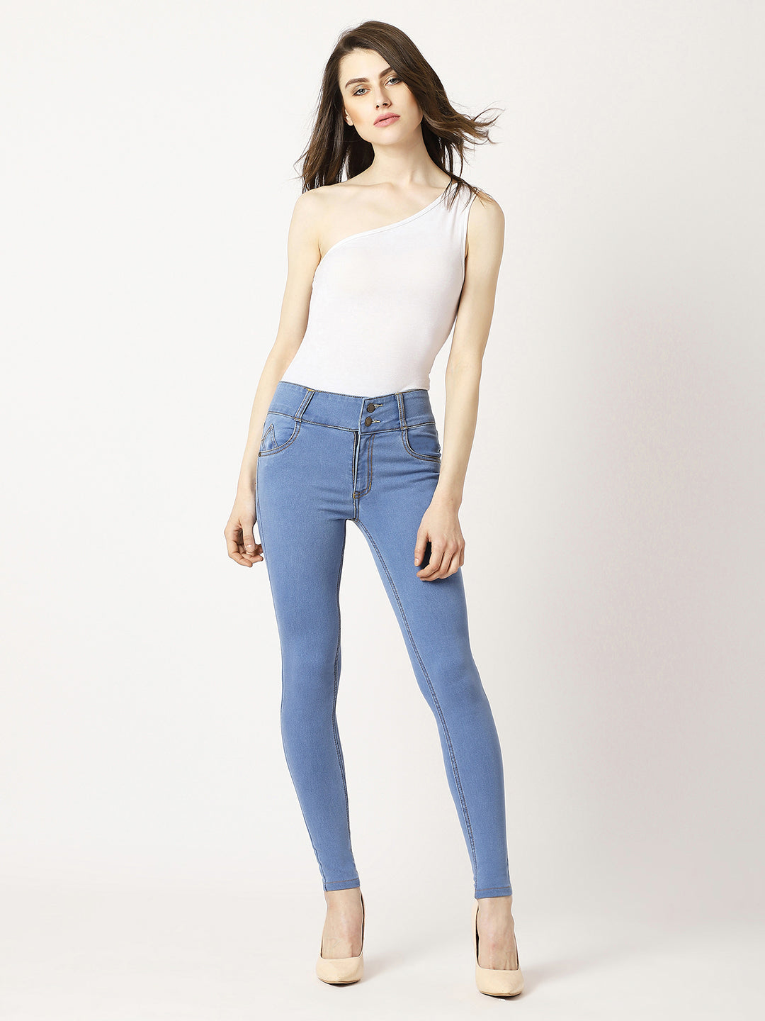 Women's Blue Skinny High Rise Clean Look Broad Waist Band Regular Length Denim Jeans