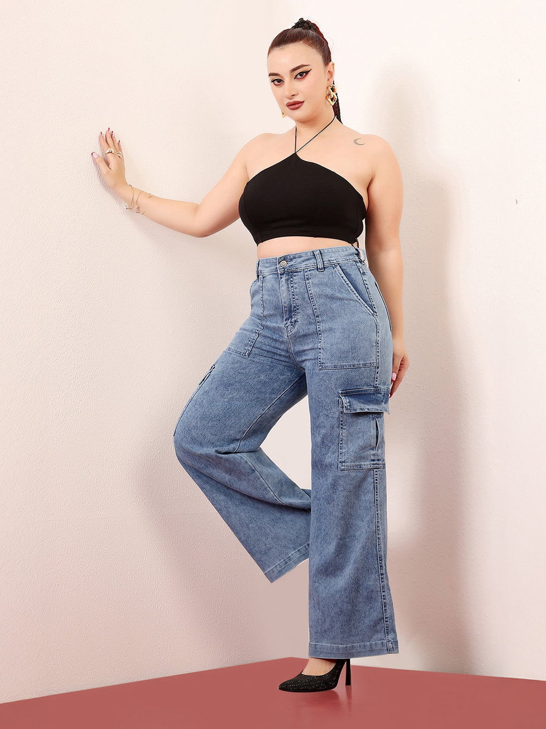 Women's Mid Blue Wide-Leg High-Rise Clean-Look Regular-Length Stretchable Cargo Denim Jeans
