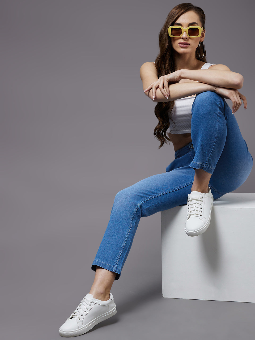 24/7 Comfort Mid Blue Straight High Rise Stretchable Denim Jeans