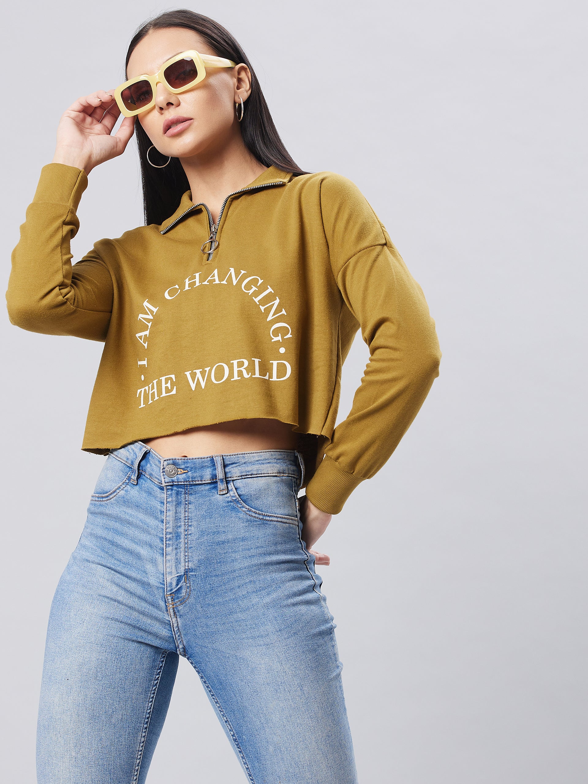 Women's Olive Collared Full Sleeve Solid Boxy/Printed Crop Sweatshirt