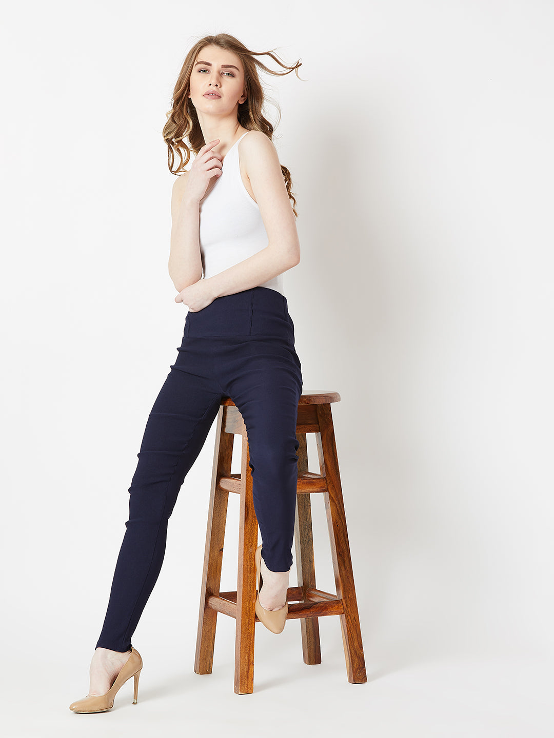 Women's Navy Blue Solid Skinny Regular Length High Waist Jeggings