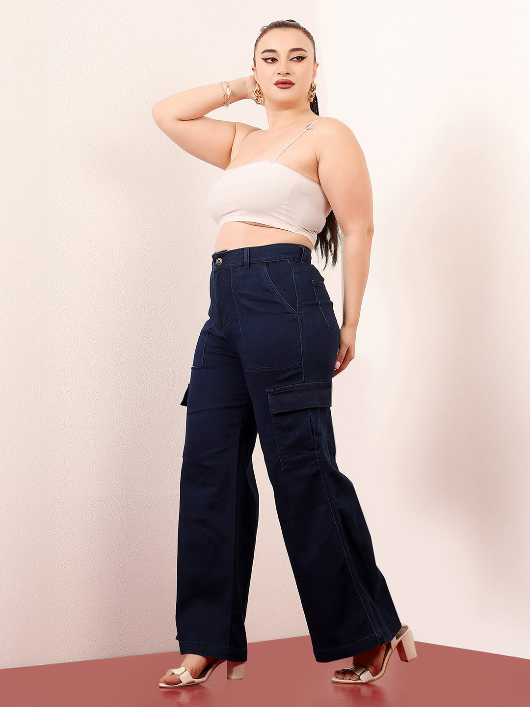 Women's Navy Blue Wide-Leg High-Rise Clean-Look Stretchable Denim Cargo Jeans