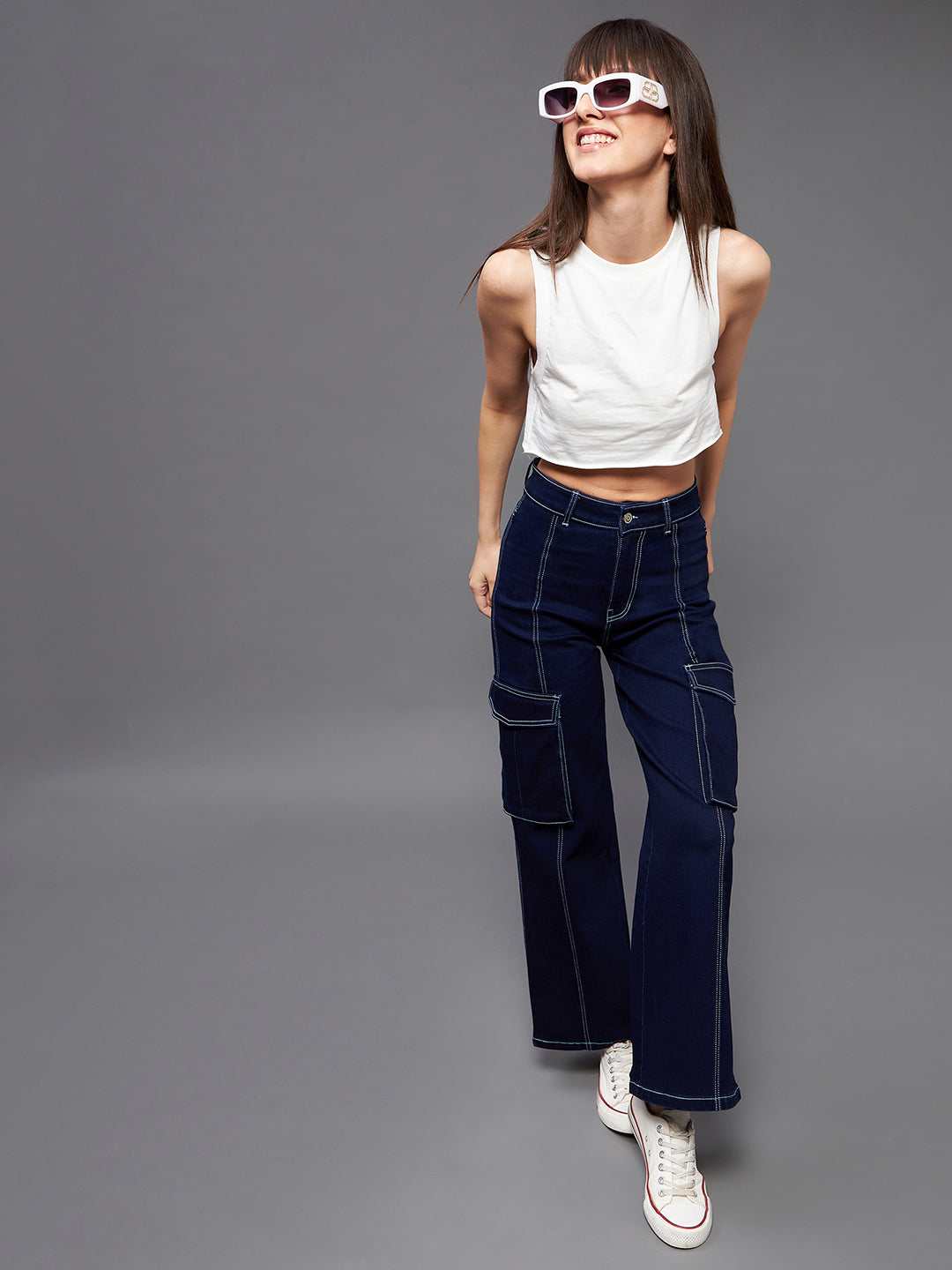 24/7 Comfort Women's Navy Blue Wide leg Cargo High rise Regular Stretchable Baggy fit Denim Jeans