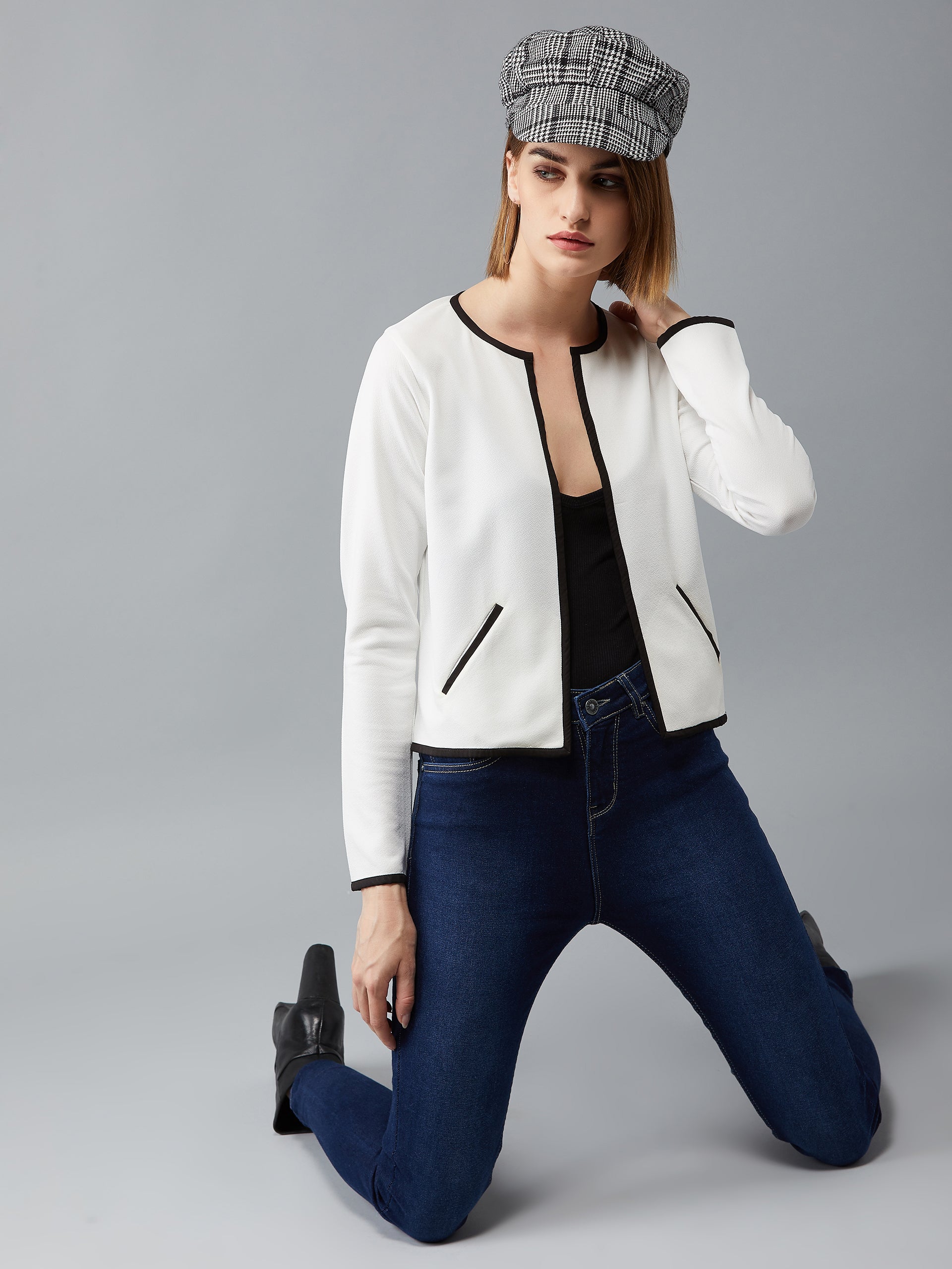 Women's Off-White Round Neck Full Sleeve Solid Contrast Piping Open Front Blazer