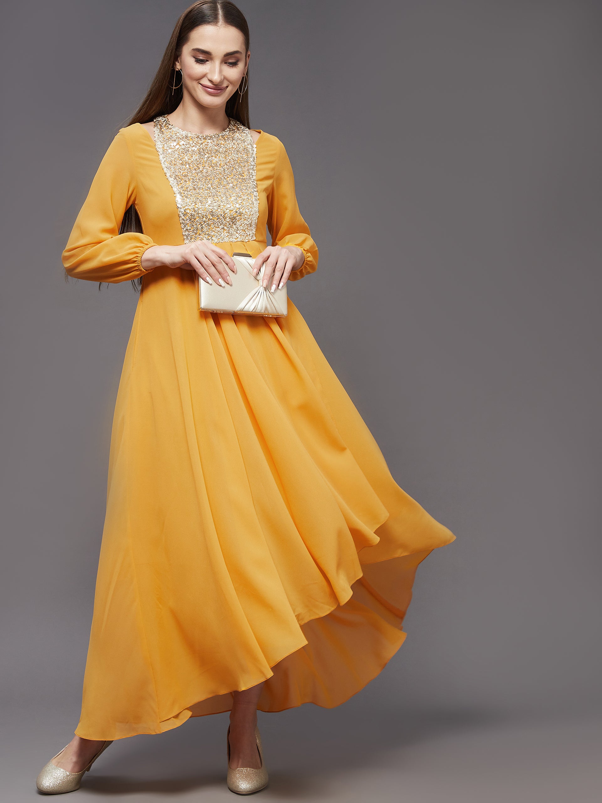 Women's Mustard Embellished Shoulder Cut-out Full Sleeve Maxi Dress