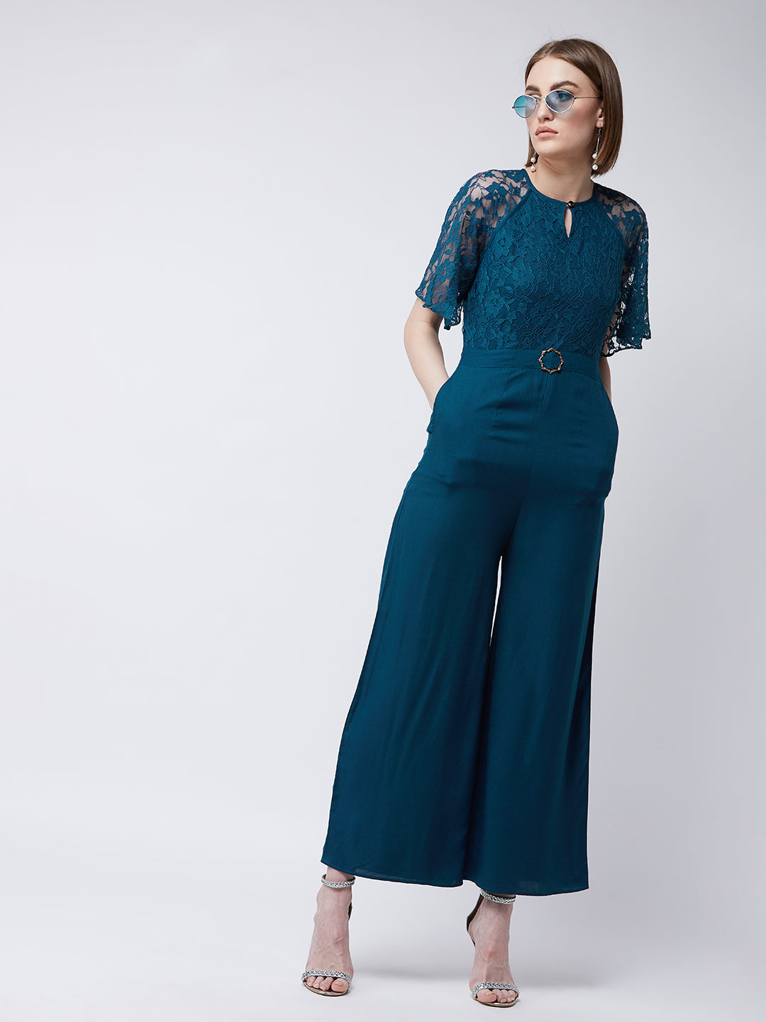 Women's Teal Round Neck Flared Sleeve Floral Raglan Regular Jumpsuit