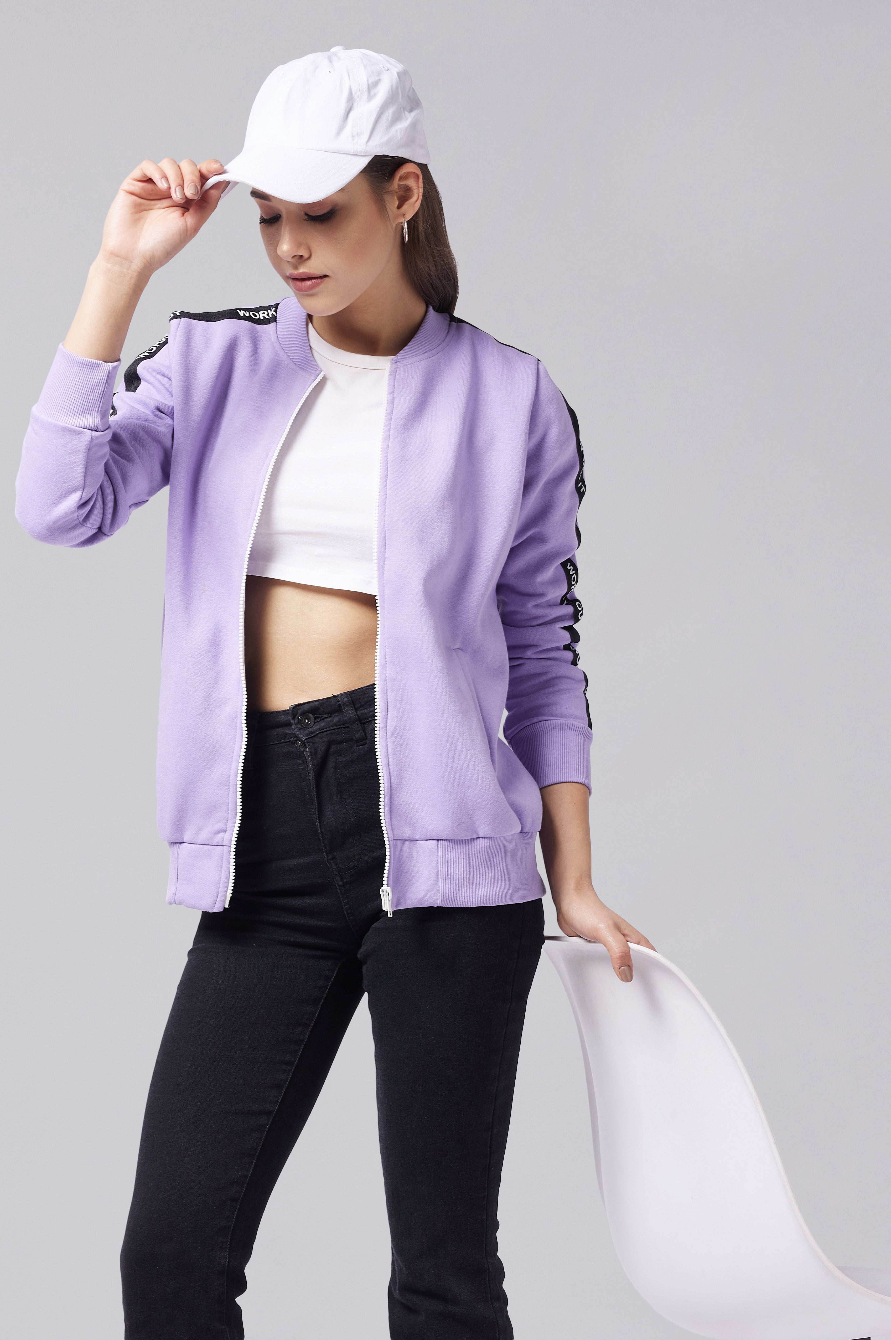 Women's Lavender V Neck Full Sleeves Solid Bomber Regular Jacket