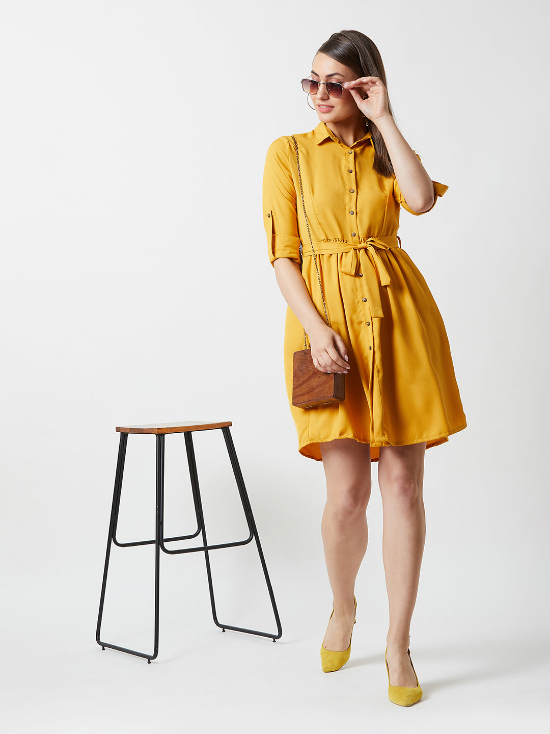 Women's Mustard Collared Round Neck Full Sleeve Solid Belted Buttoned Knee-Long Shirt Dress