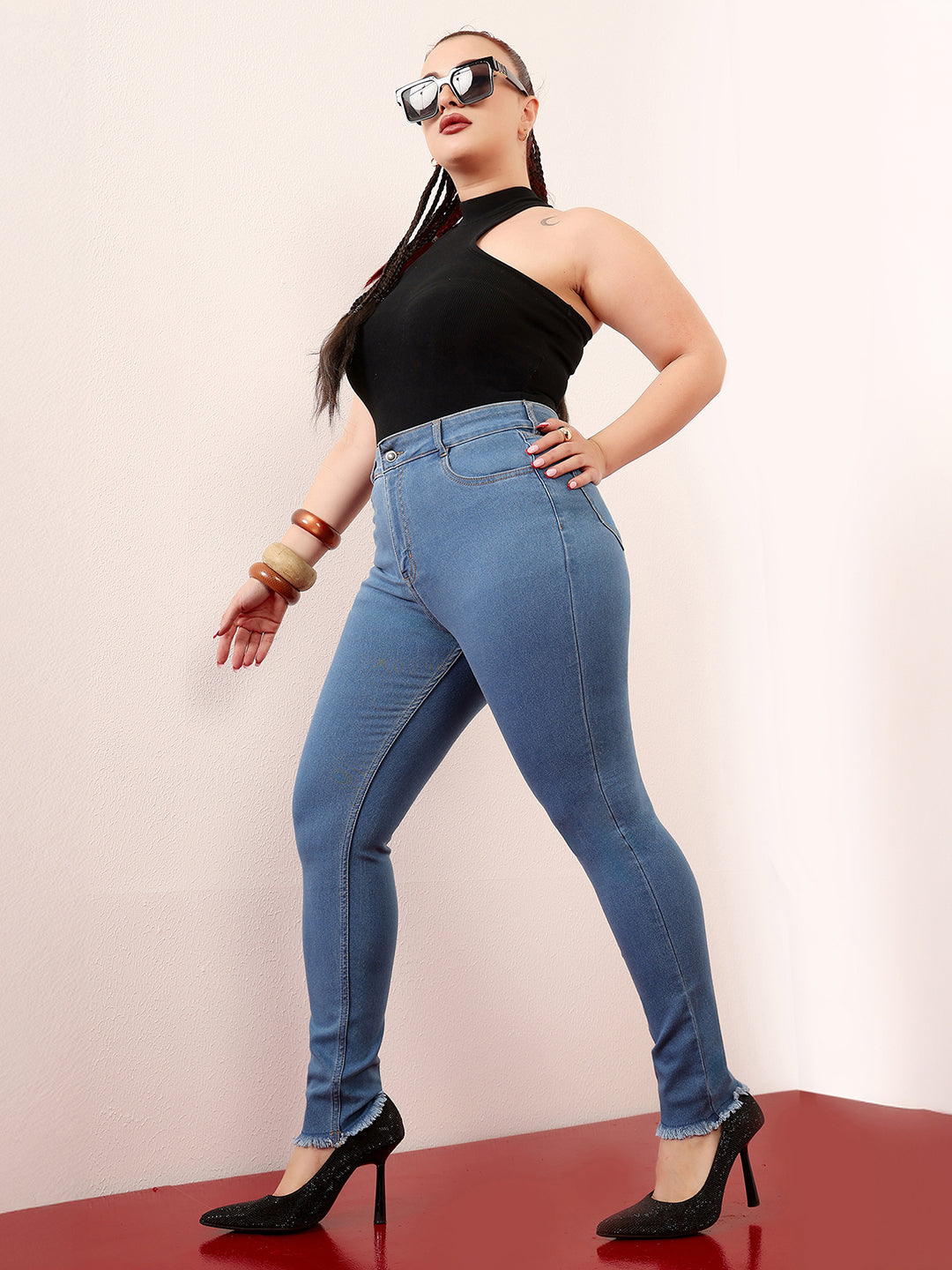 Women's Blue Skinny High-Rise Cropped-Length Fringe Detailing Stretchable Denim Jeans