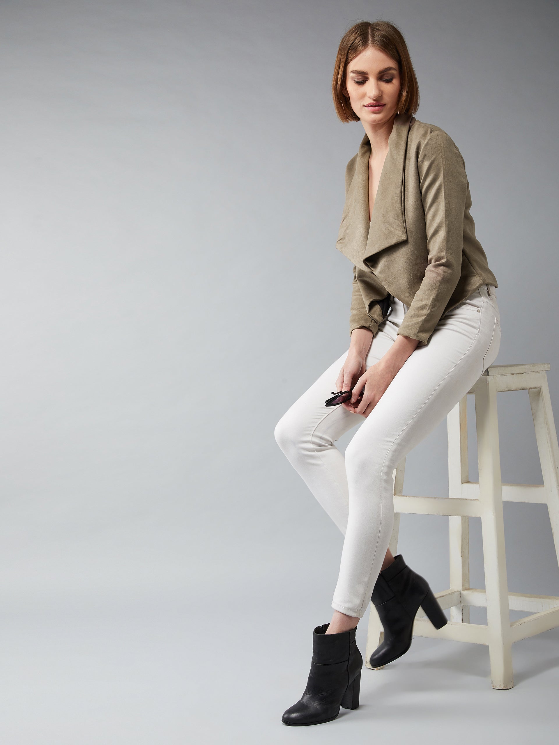 Women's Olive Green Open-Front Full Sleeves Solid Waterfall Regular Length Jacket