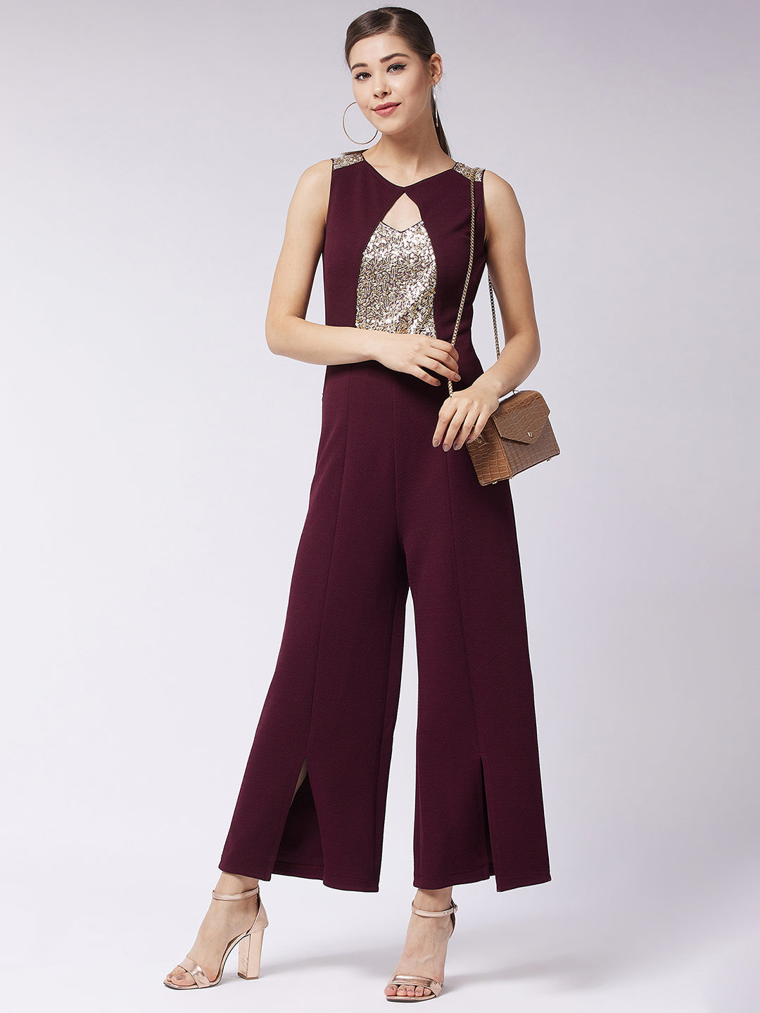 Crease Ease Women's Wine Round Neck Sleeveless Solid Paneled Jumpsuit