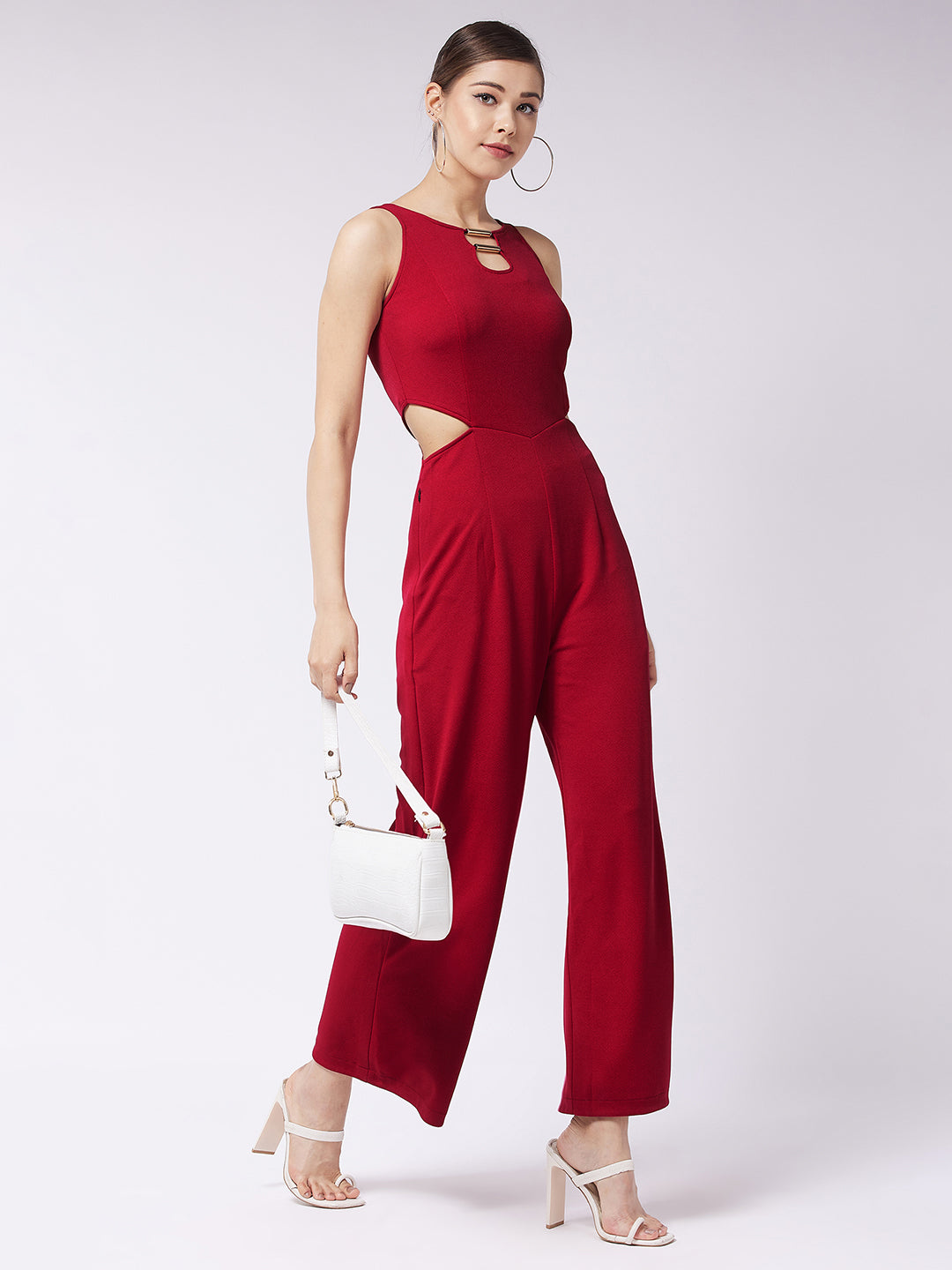 Crease Ease Women's Red Solid Slim Fit Round Neck Sleeveless Regular Length Waist Cut-Out Jumpsuit