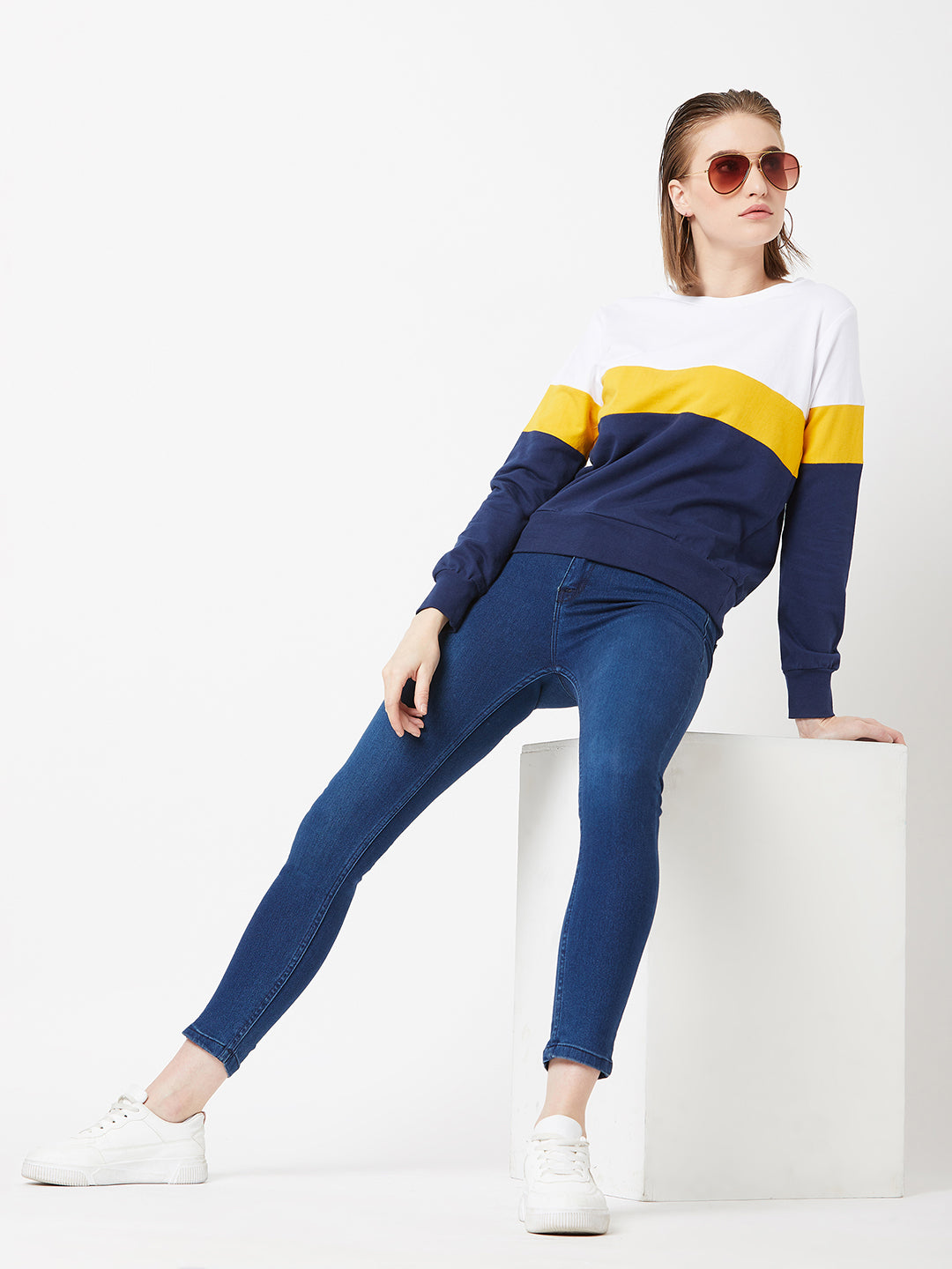 Women's Multicolored With A Navy Blue Base Round Neck Full Sleeves Cotton Solid Color block Paneled Boxy Sweatshirt