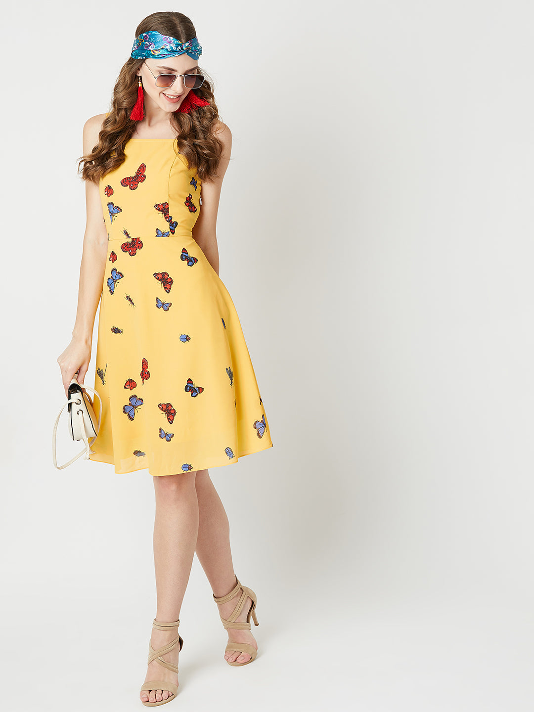 Women's Multicolored Base Yellow Square Neck Sleeveless Printed Skater Mini Dress