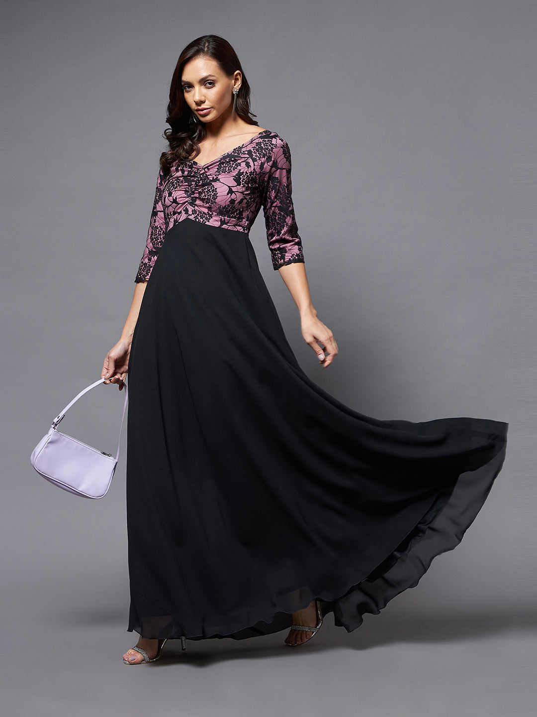 Women's Black And Lavender Sweet heart neck 3/4 Sleeve Self Design Fit & Flare Maxi Dress